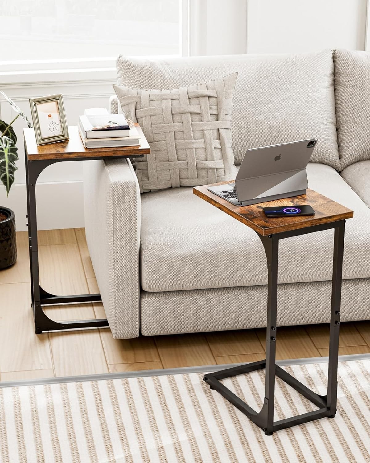 Compact C-Shaped Side Table with Waterproof Top – Rustic Brown & Metal Frame