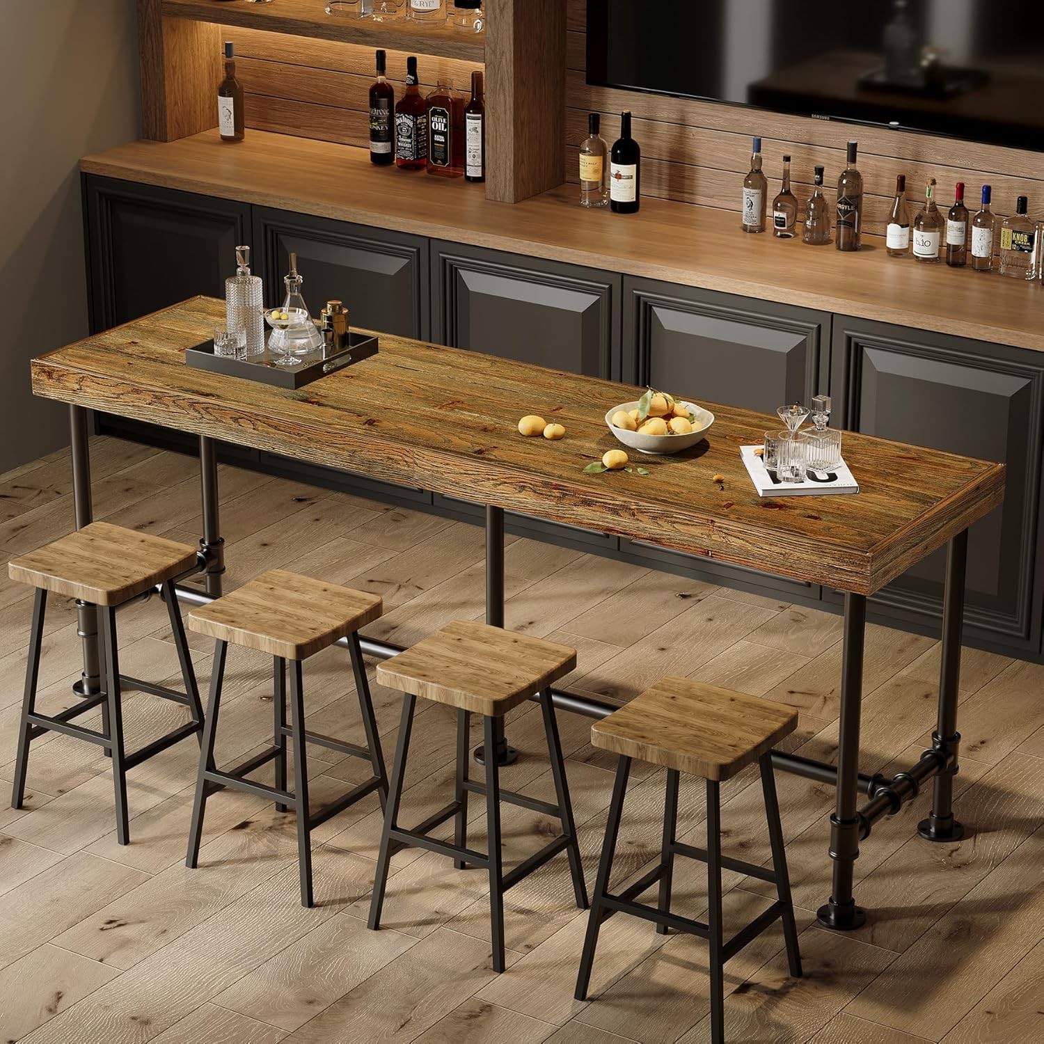 70.9” Solid Wood Bar Table Industrial Narrow High Top Bar Unit for 6-8 People