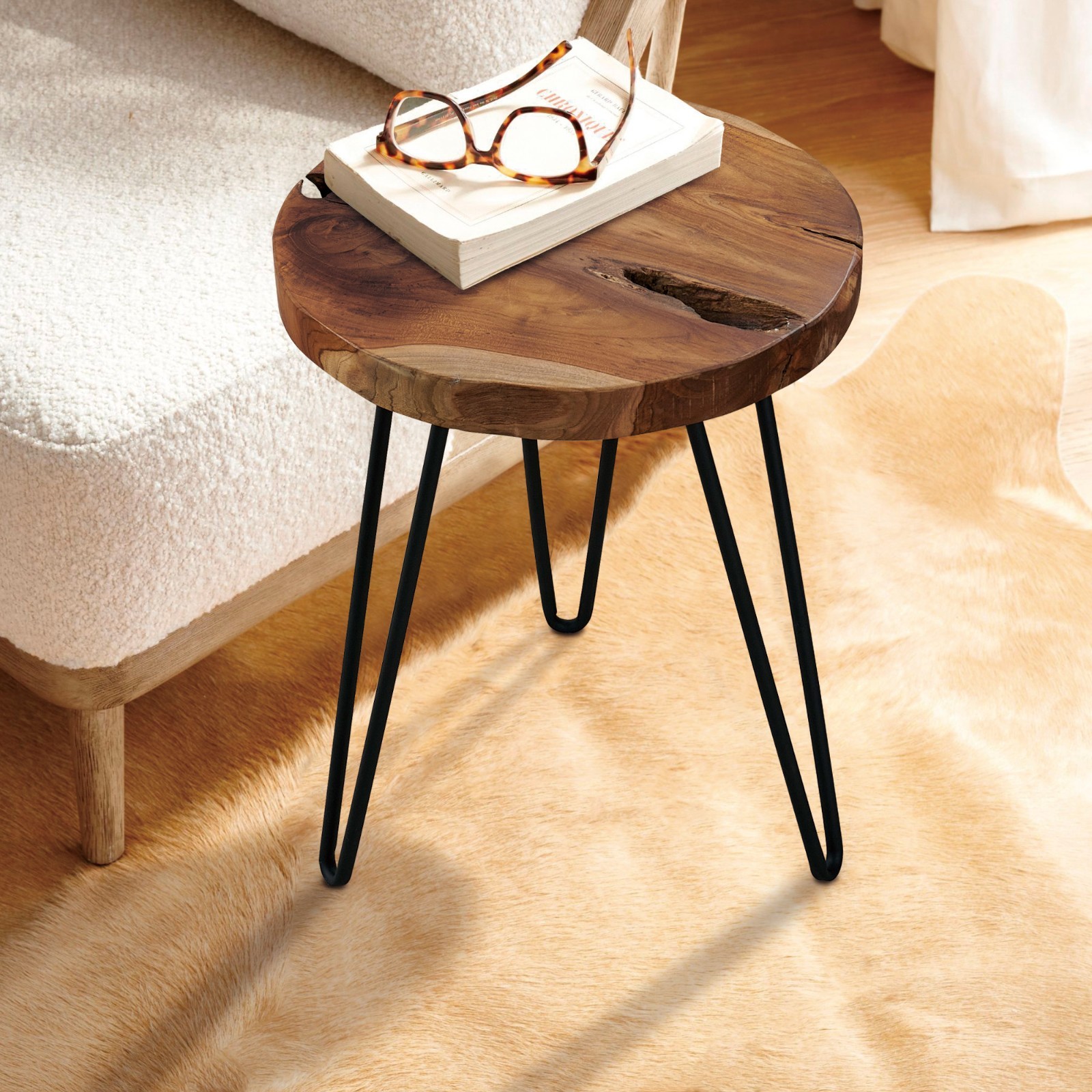 Greenage Rustic Teak Round End Table –Natural Wood Side Table Nightstand 21″ H