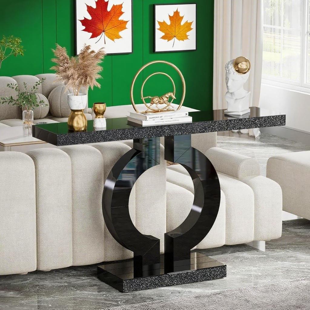 Long Console Table with A Pristine Mirrored Finish and A Unique O-shaped Base