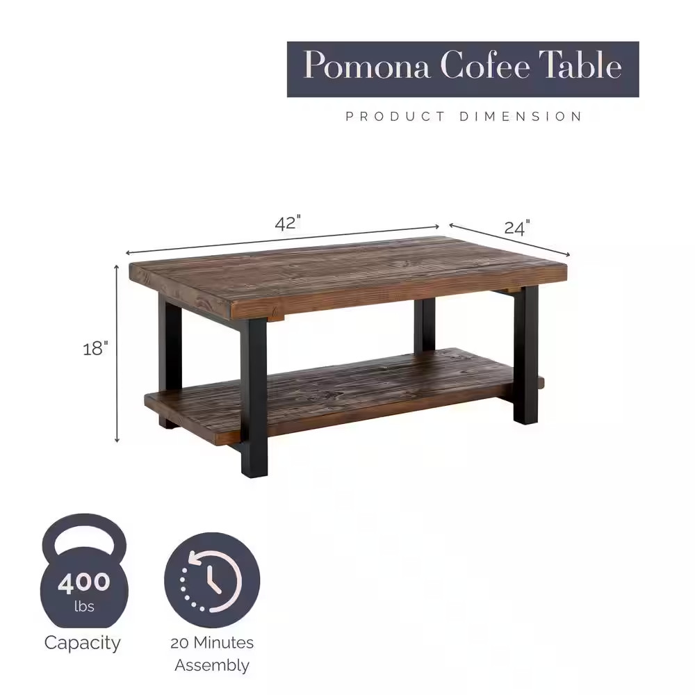 Pomona 42 In. Rustic/Natural Rectangle Wood Top Coffee Table with Shelf