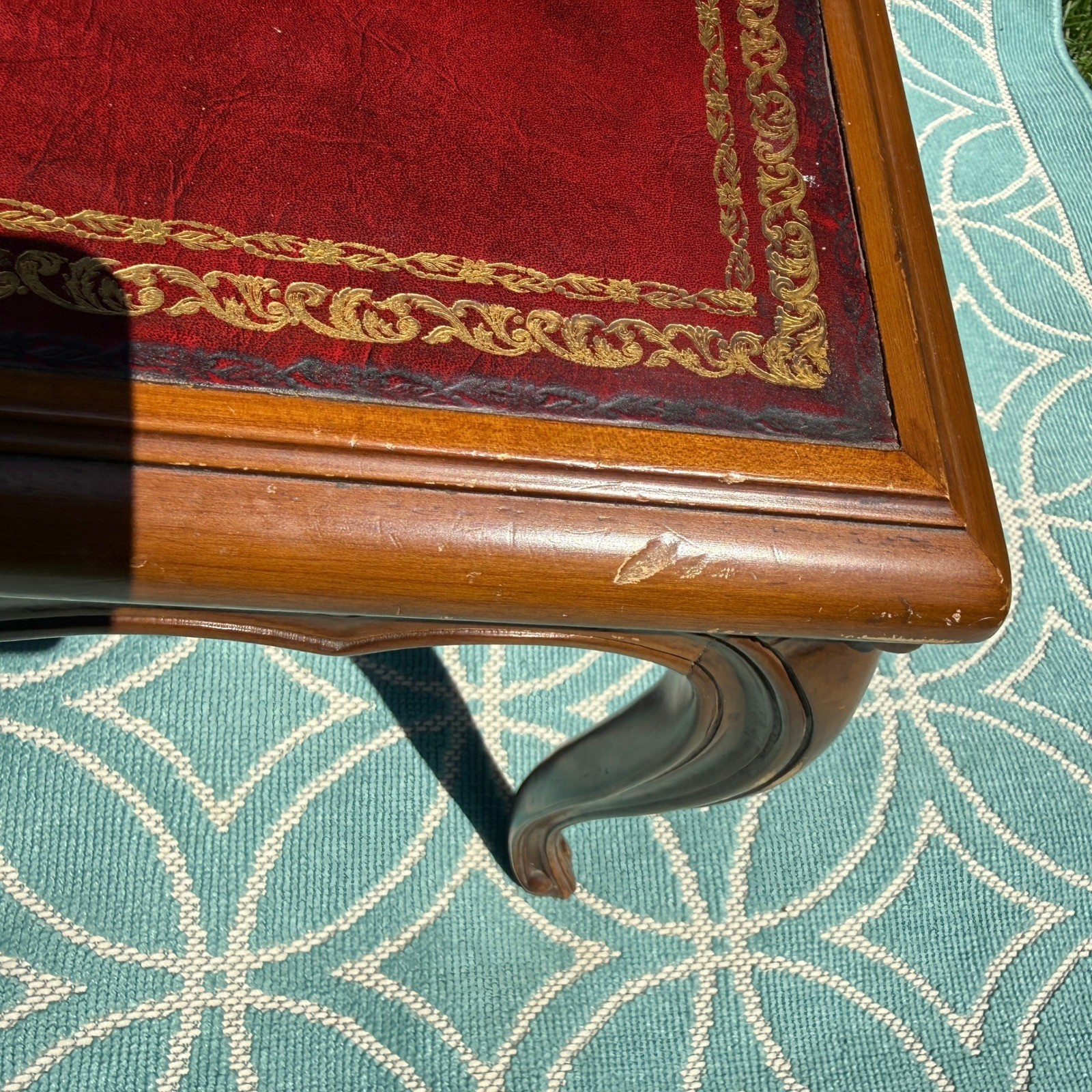 Vintage French Provincial Coffee Table Red Leather Gold Embossed Inset Wood