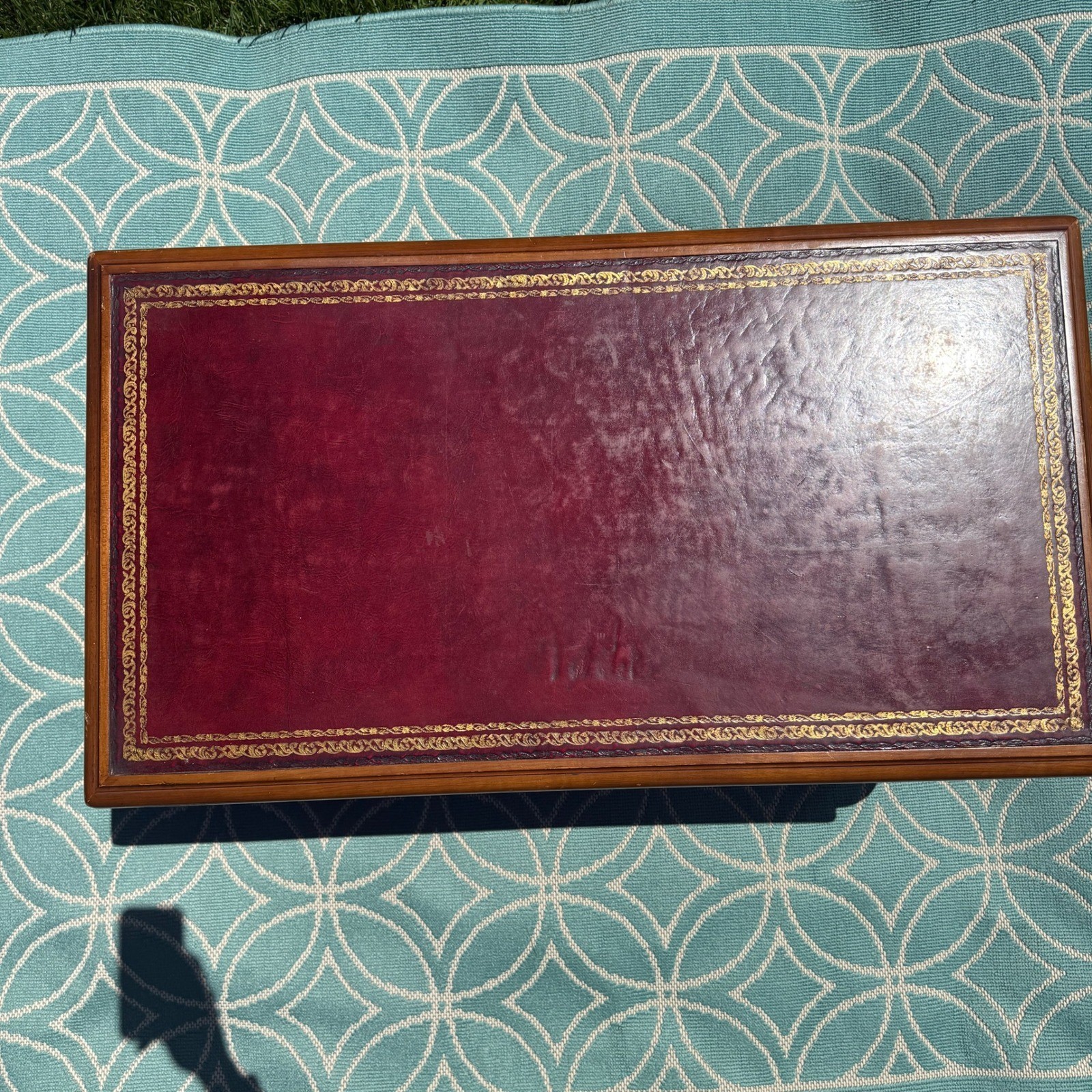 Vintage French Provincial Coffee Table Red Leather Gold Embossed Inset Wood