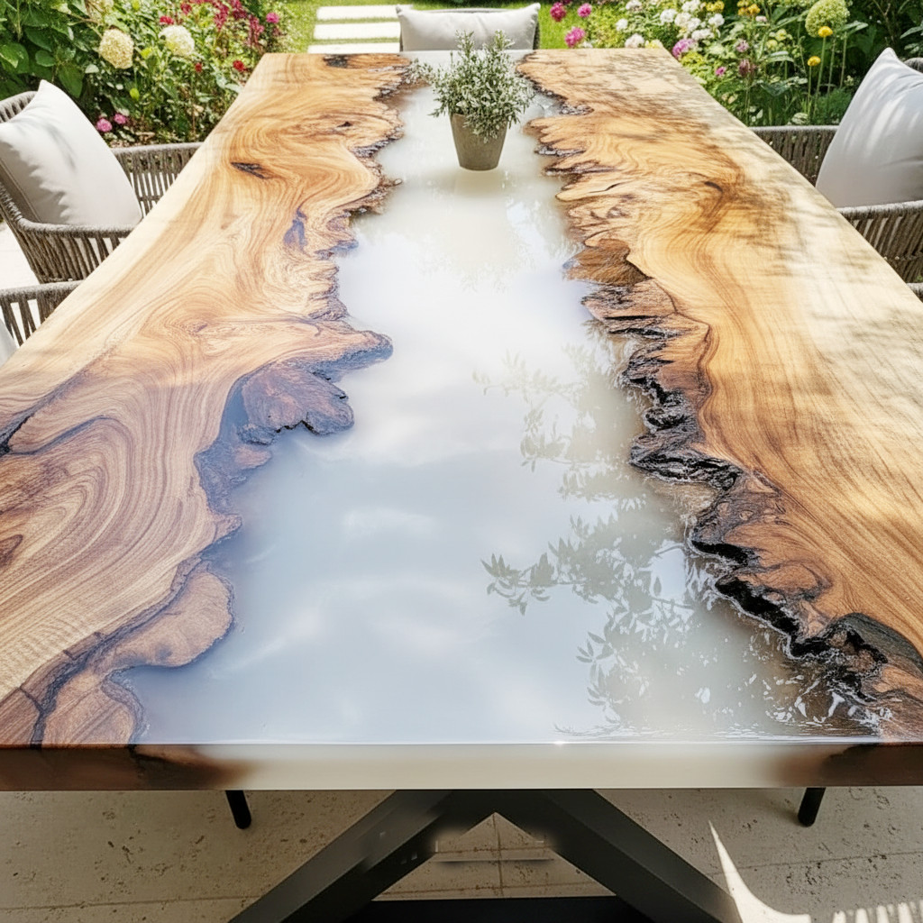 White Resin River Live Edge Dining Table | Handmade Solid Wood Epoxy Table