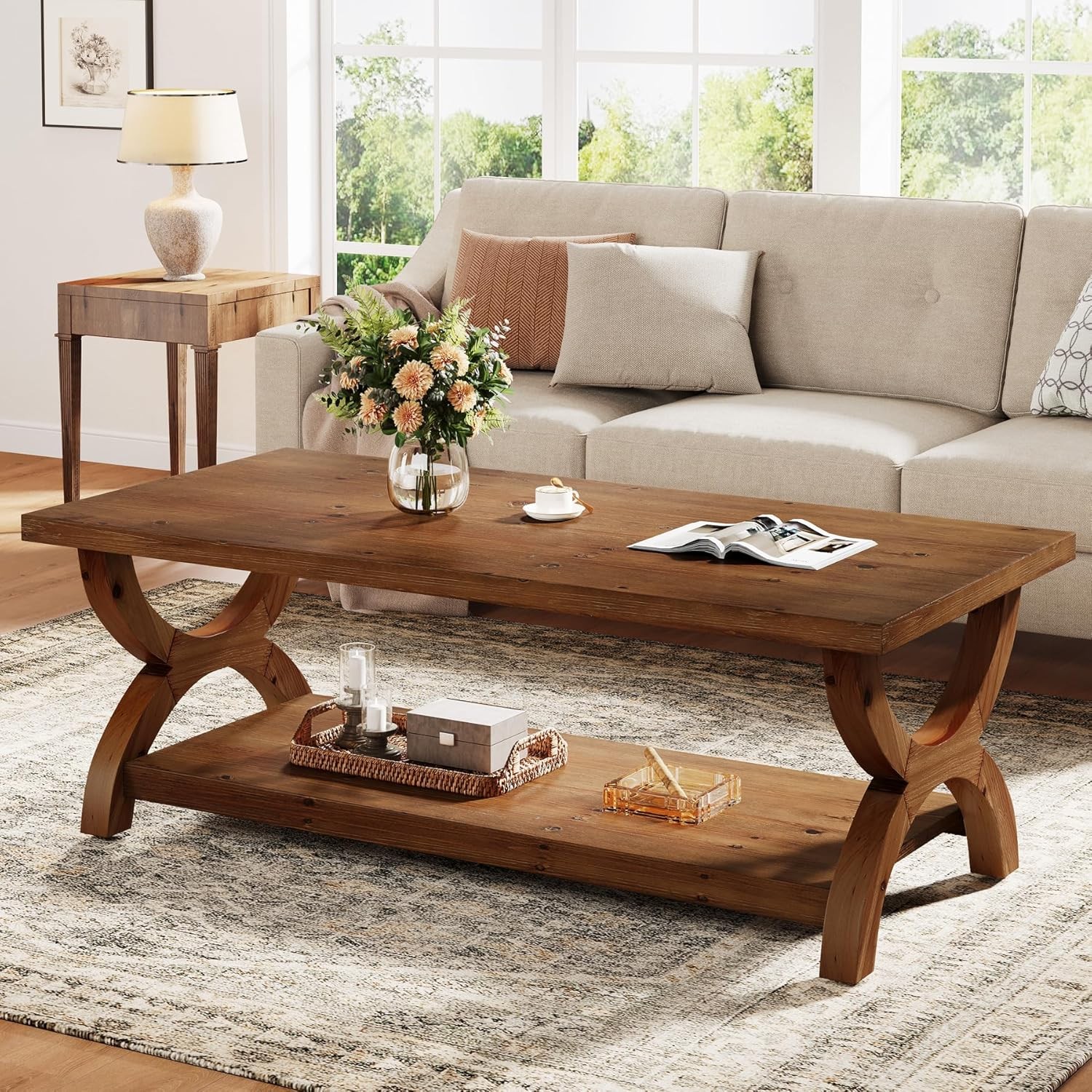 47.2-Inch Rectangle Solid Wood Coffee Table with Storage Shelf for Living Room