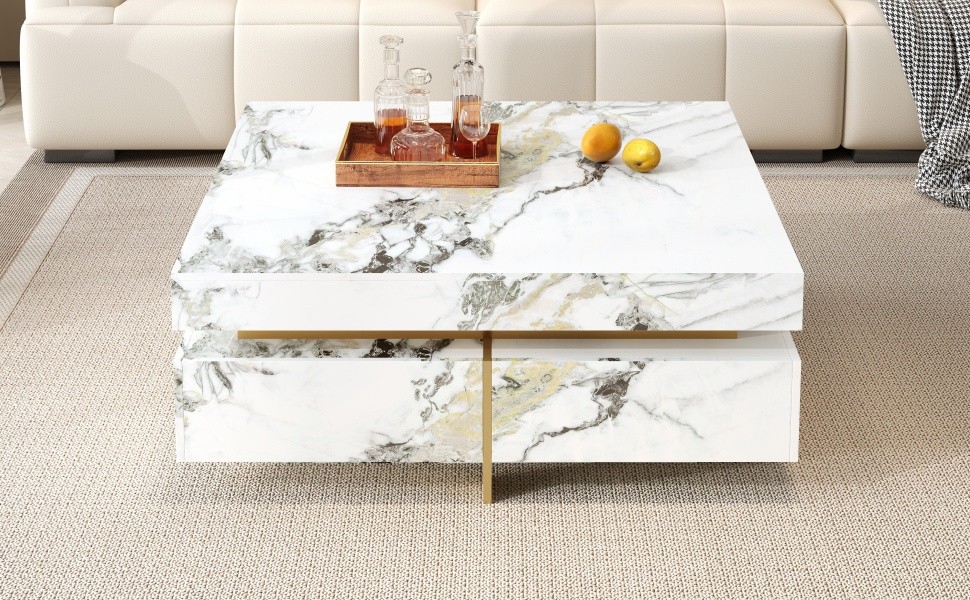 Modern White Square Marble Coffee Table with 4 Drawers, 43.3″