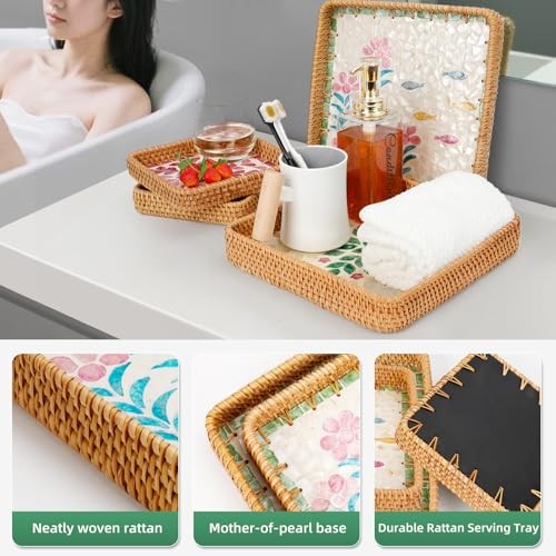 1 pcs Rectangle Rattan Serving 10.6″ x 10.6″ x 1.9″ Pink-Green & Pink Floral