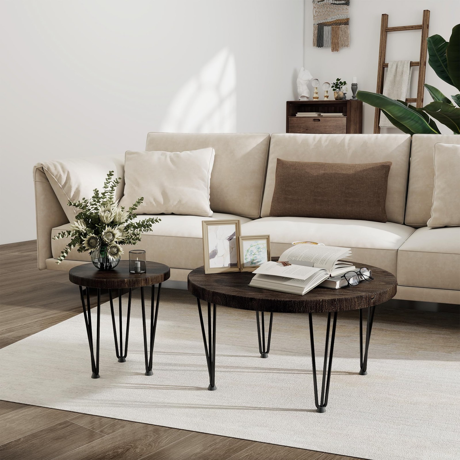 Round Coffee Table – Elm Wood Nesting Table with Metal Legs & Non Slip Feet B…