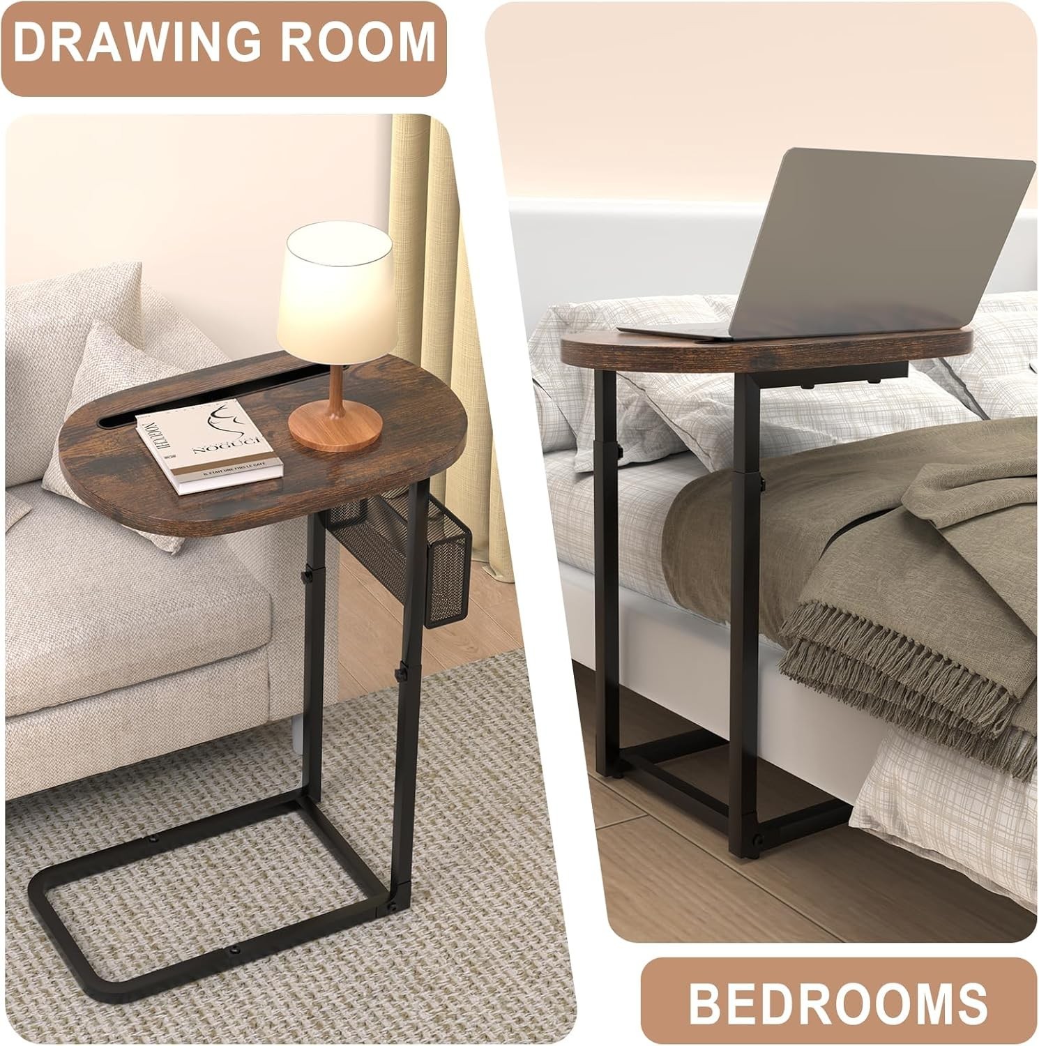 TV Tray Table with Storage Baskets Adjustable Height Couch Side End Table