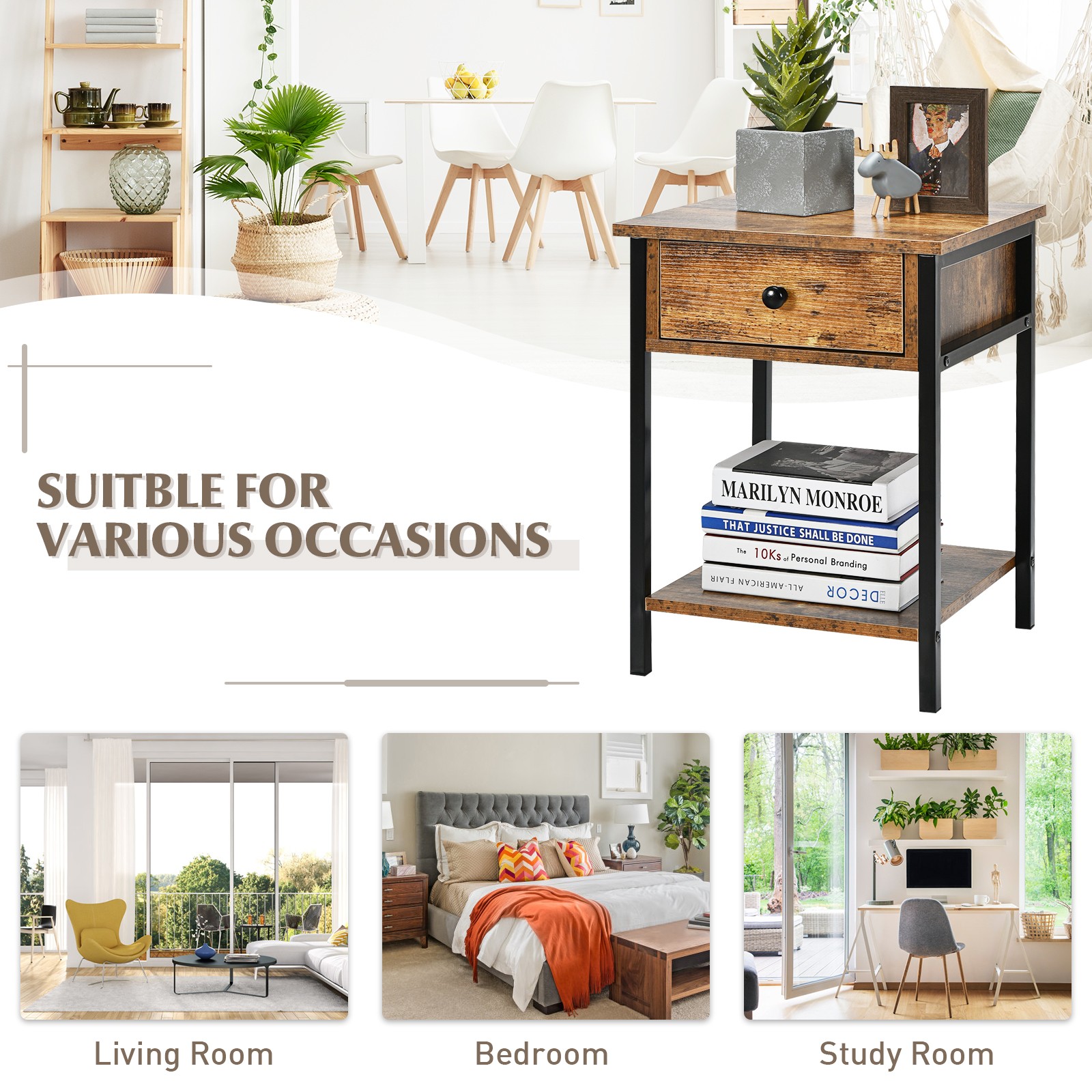 Costway 2PCS Industrial End Side Table Nightstand with Drawer Shelf Rustic Brown