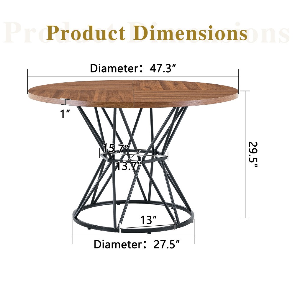 47.3″ Circular Dining Table, Walnut MDF Top, Black Hourglass Metal Base, for 4-6