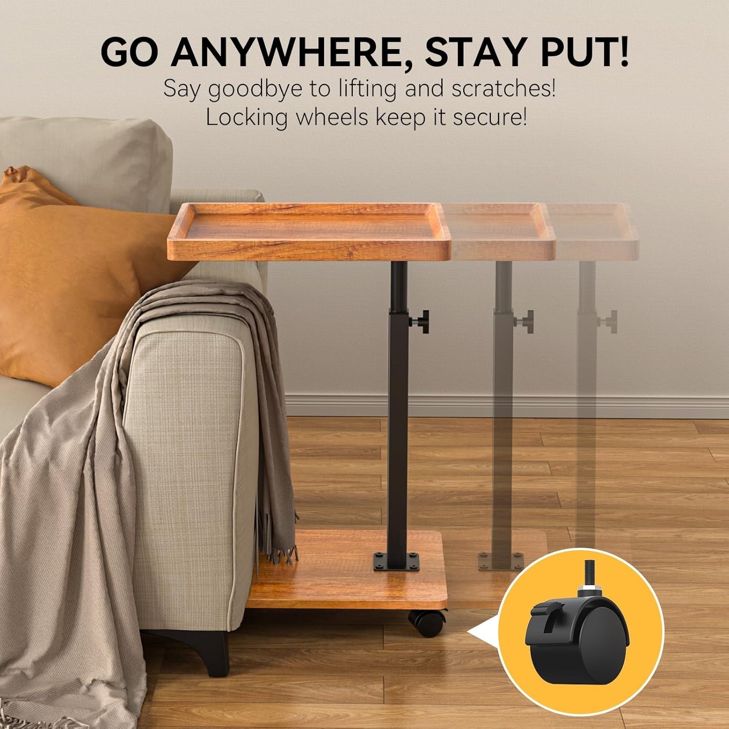 Adjustable Height Swivel C Side Table with Wheels for Sofa Bed Living Room