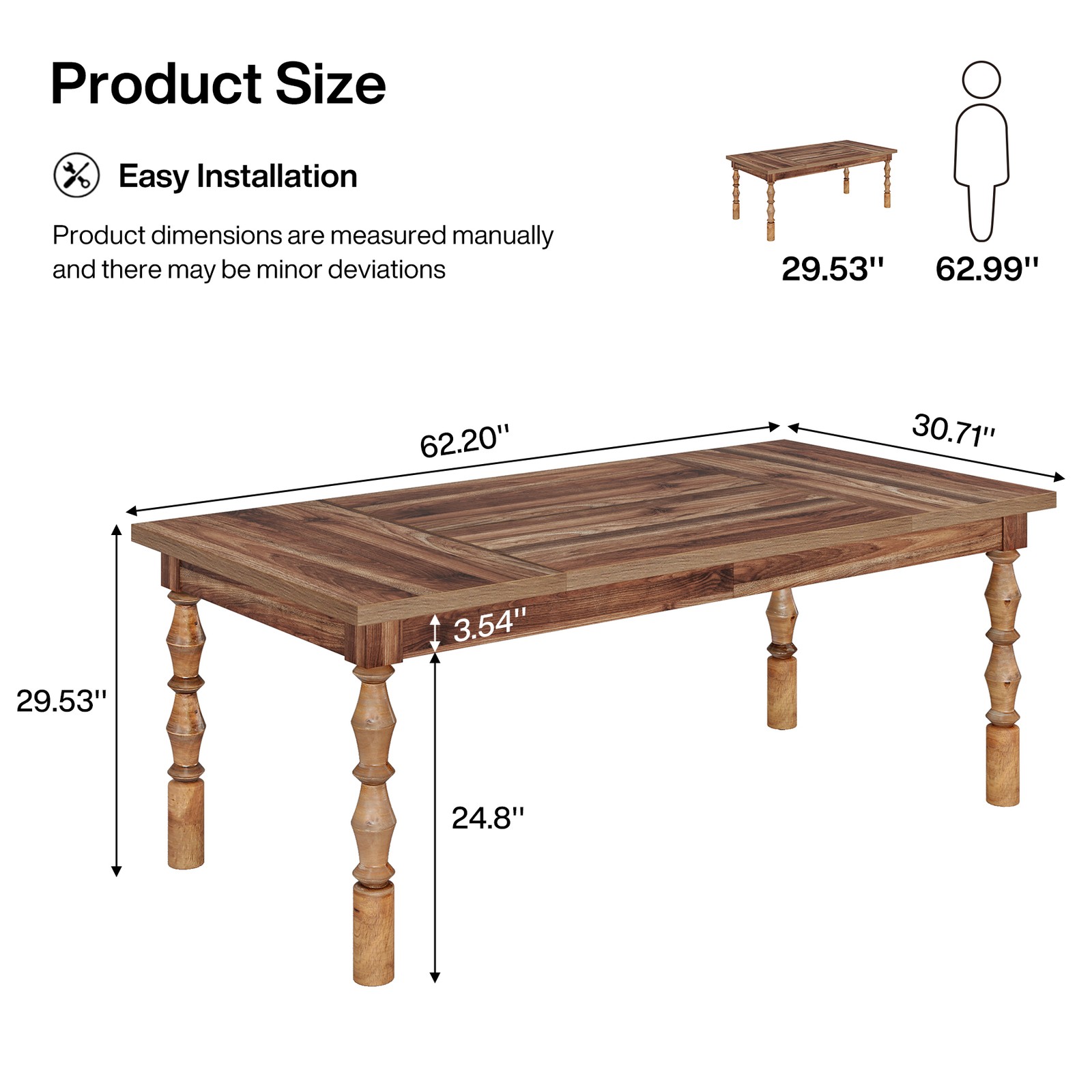 62″ Farmhouse Wood Dining Table for 4 to 6 People, Large Rectangle Kitchen Table