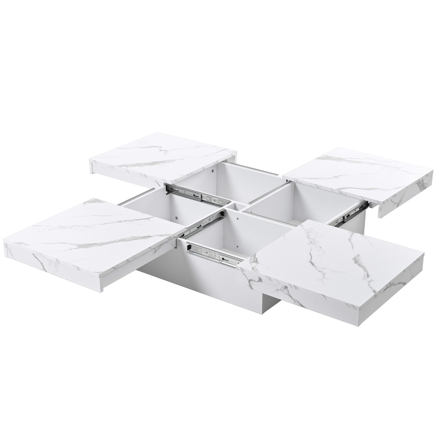 Modern Square Cocktail Coffee Table w/ White Marble Sliding Top & Hidden Storage
