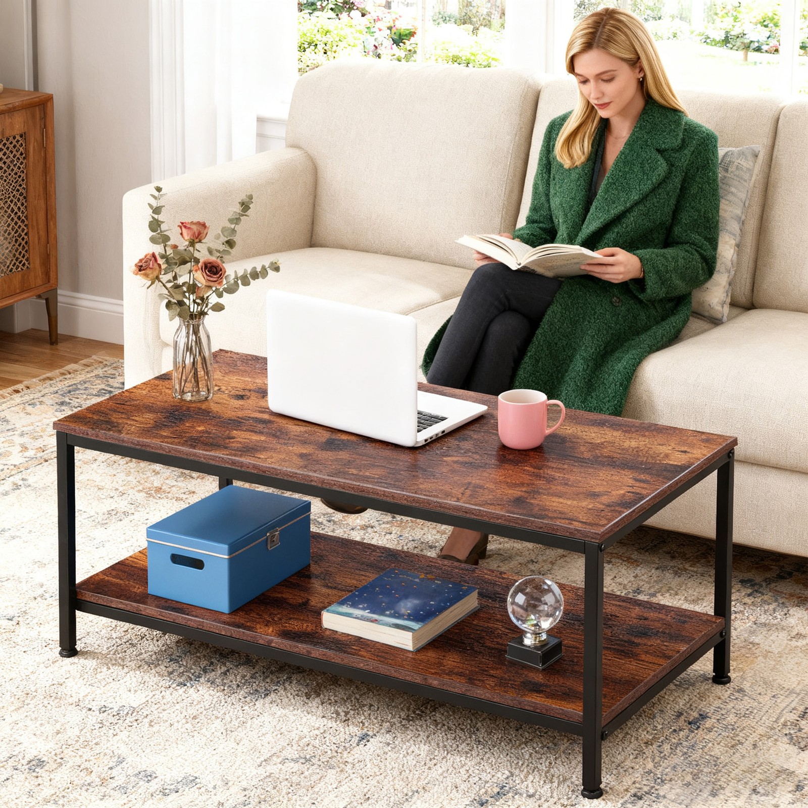 Rustic Brown Coffee Table for Living Room 2-Tier Coffee Tables With Storage