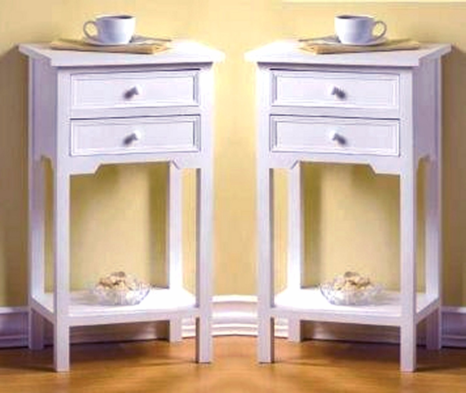 Set of 2 * WHITE CEDAR WOOD SIDE-END-NIGHT TABLES * 2 Drawers-Shelf * NIB