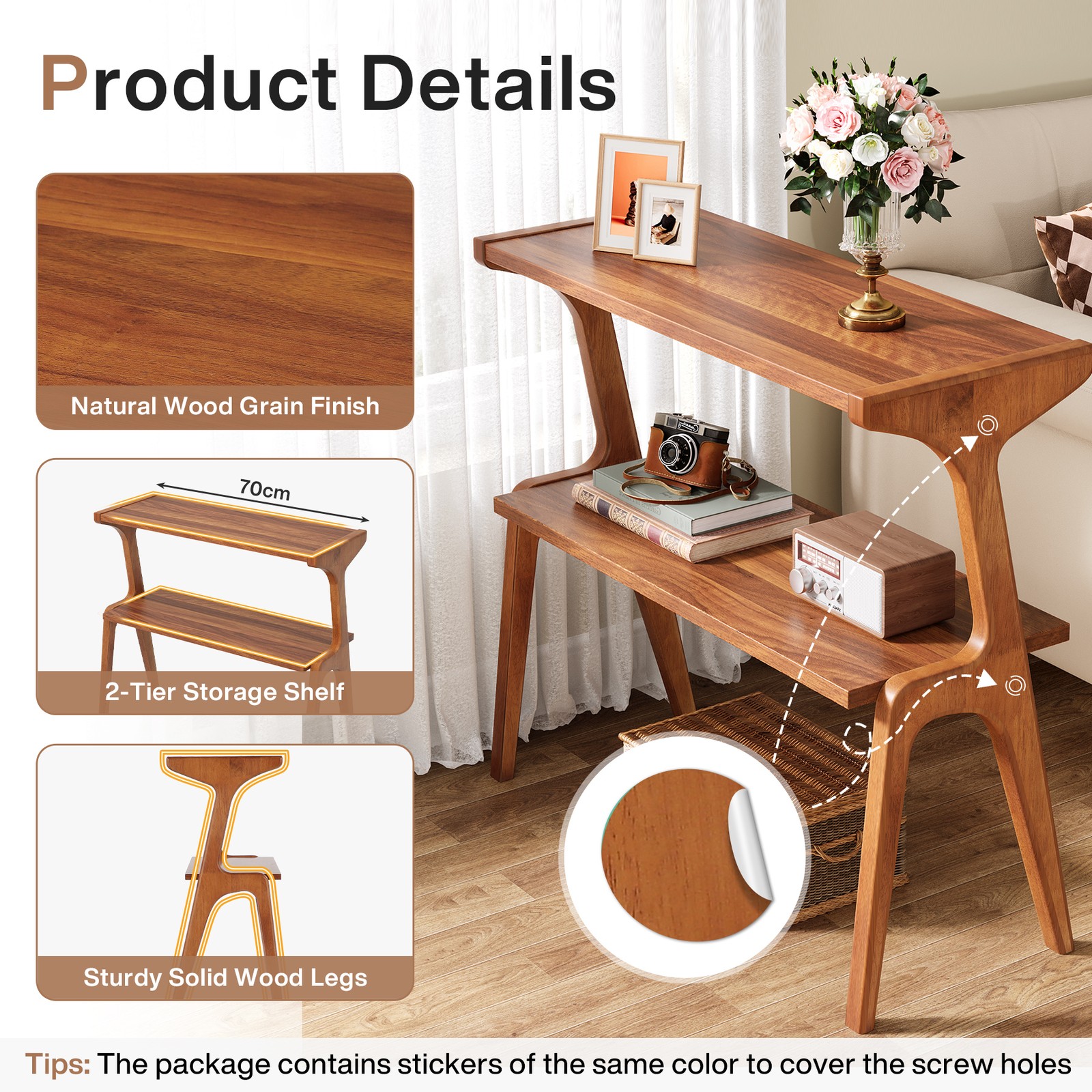 Mid Century Modern 27.56″ Solid Wood End Table – Narrow Farmhouse Side Table