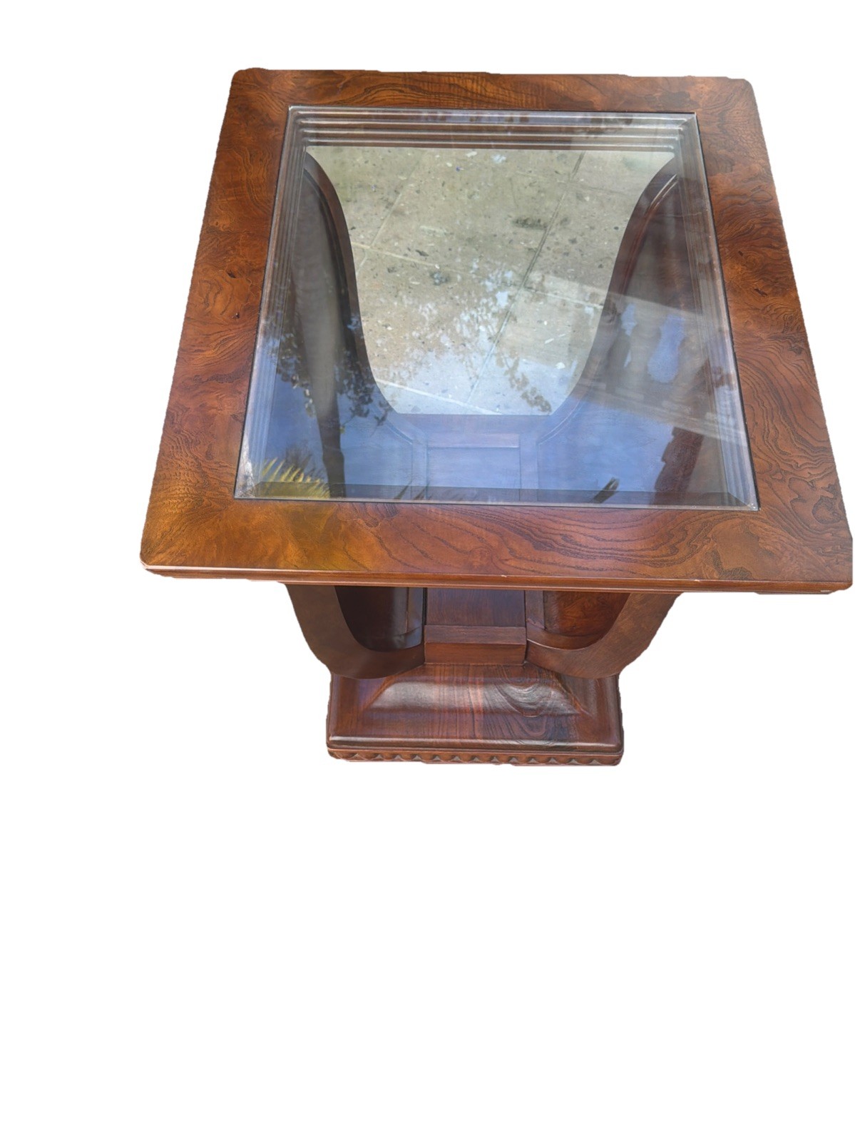 1 LARGE TULIP SHAPED GLASS TOP ELM WOOD SIDE END TABLE WITH HIDDEN BASE STORAGE