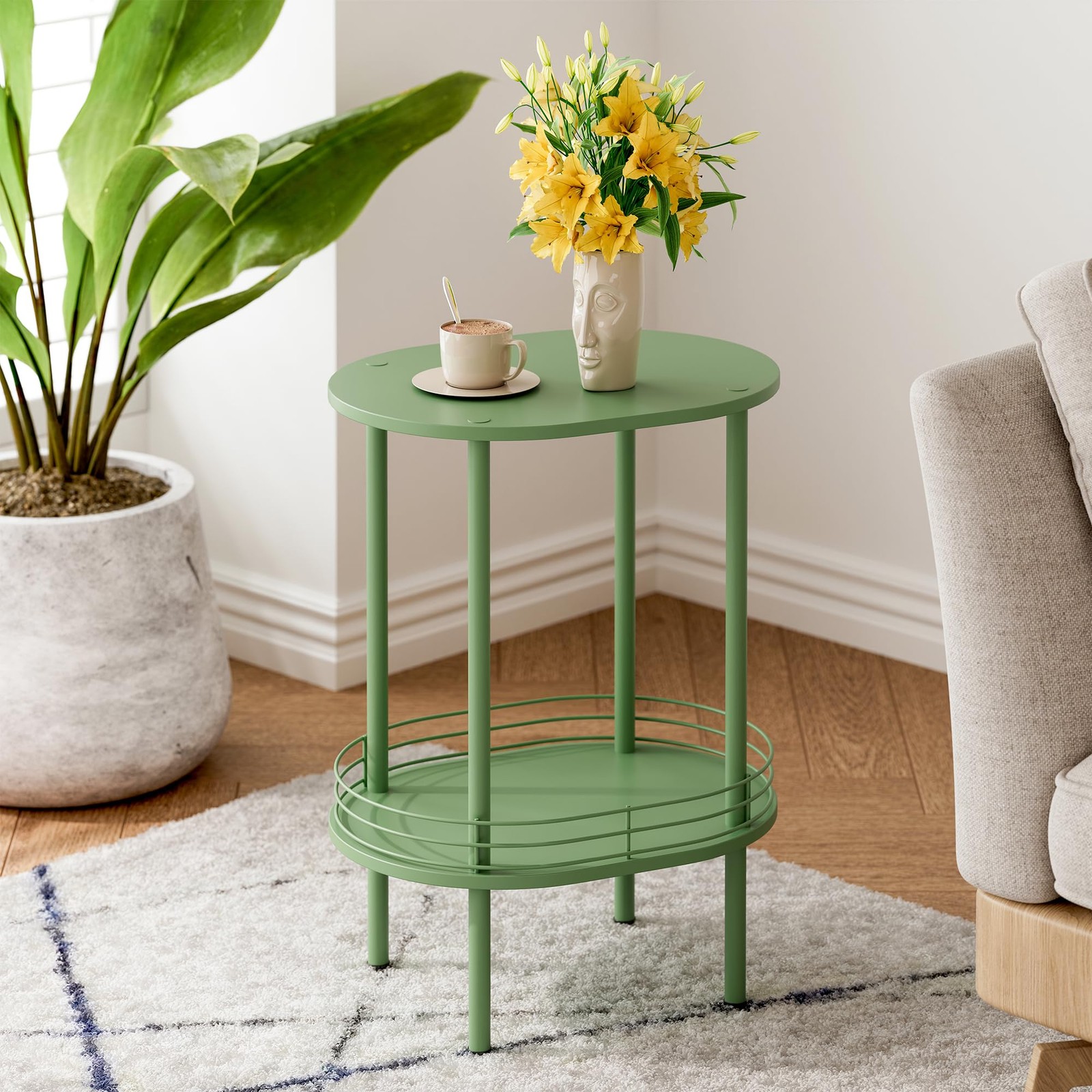 Small Modern Oval Side Table with Storage,2-Tier Side Tables Living Room,Stur…