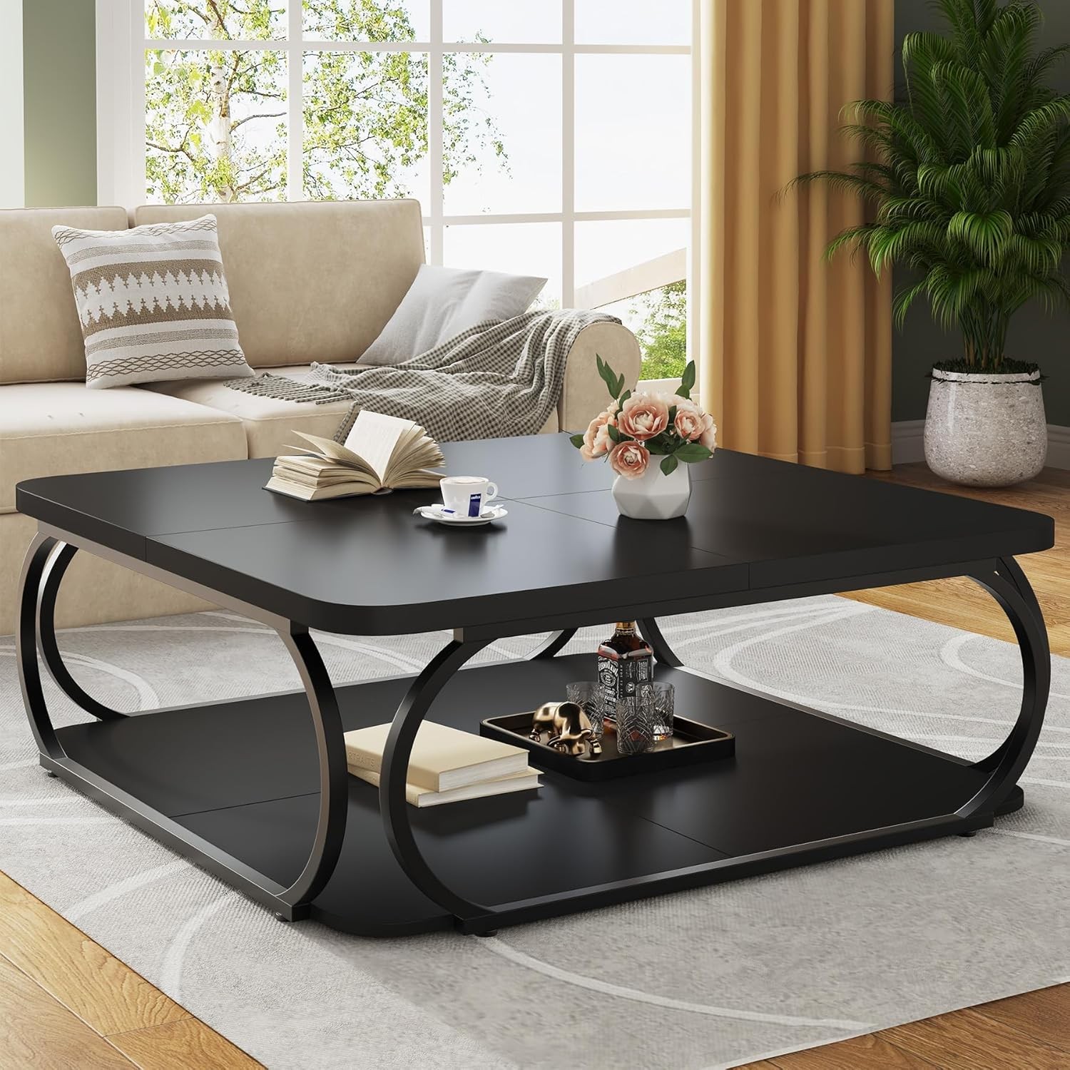 39″ Square Coffee Table with Open Storage Shelf, 2 Tier Large Wood Center Table