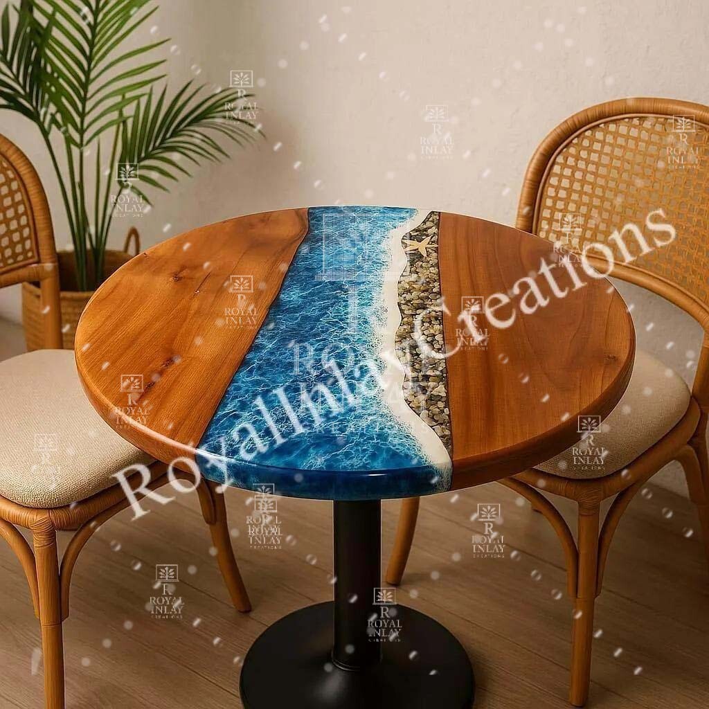 21″ Round Beach Shoreline Resin Table – Ocean Epoxy & Wood Cafe Table Art