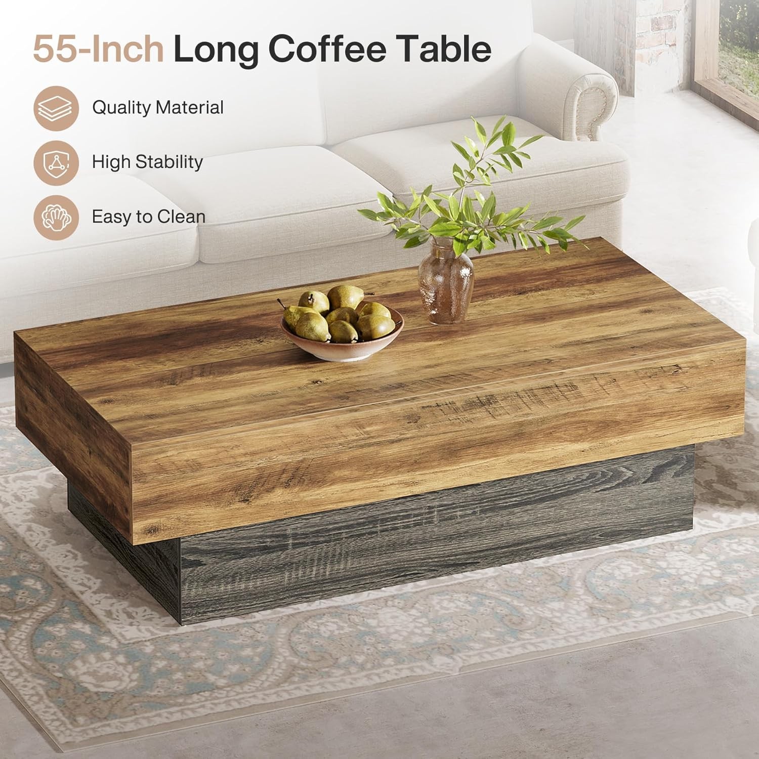 55-Inch Farmhouse Wood Coffee Table, Large Rectangle Tea Table for Living Room