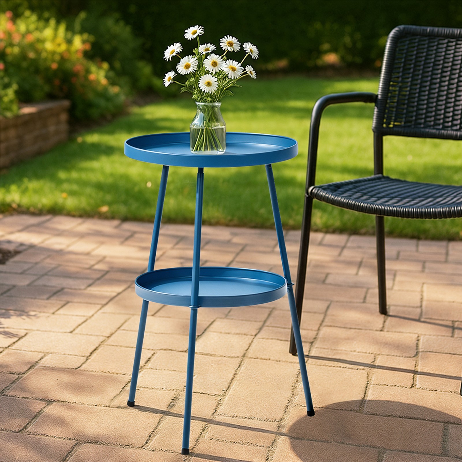 2 Tier Side End Table Metal Round Coffee Accent Table for Patio Gargen Navy Blue