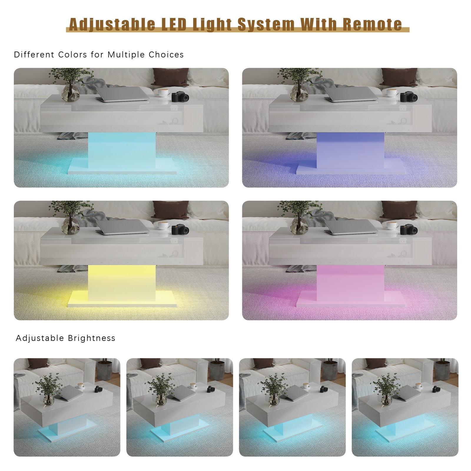 High Glossy Led Coffee Table with 2 Storage Drawers for Living Room Center Table