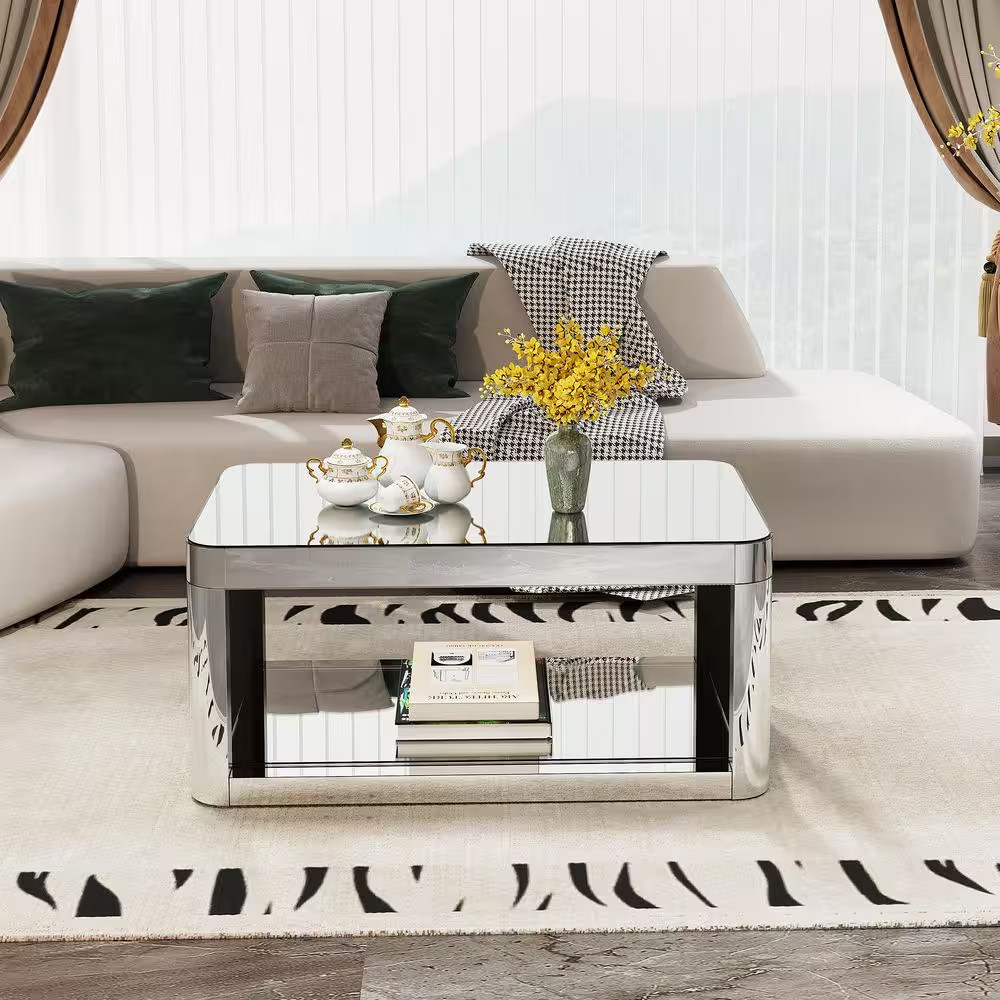 39 In. Silver Rectangle Mirror Glass Top Coffee Table with Shelf