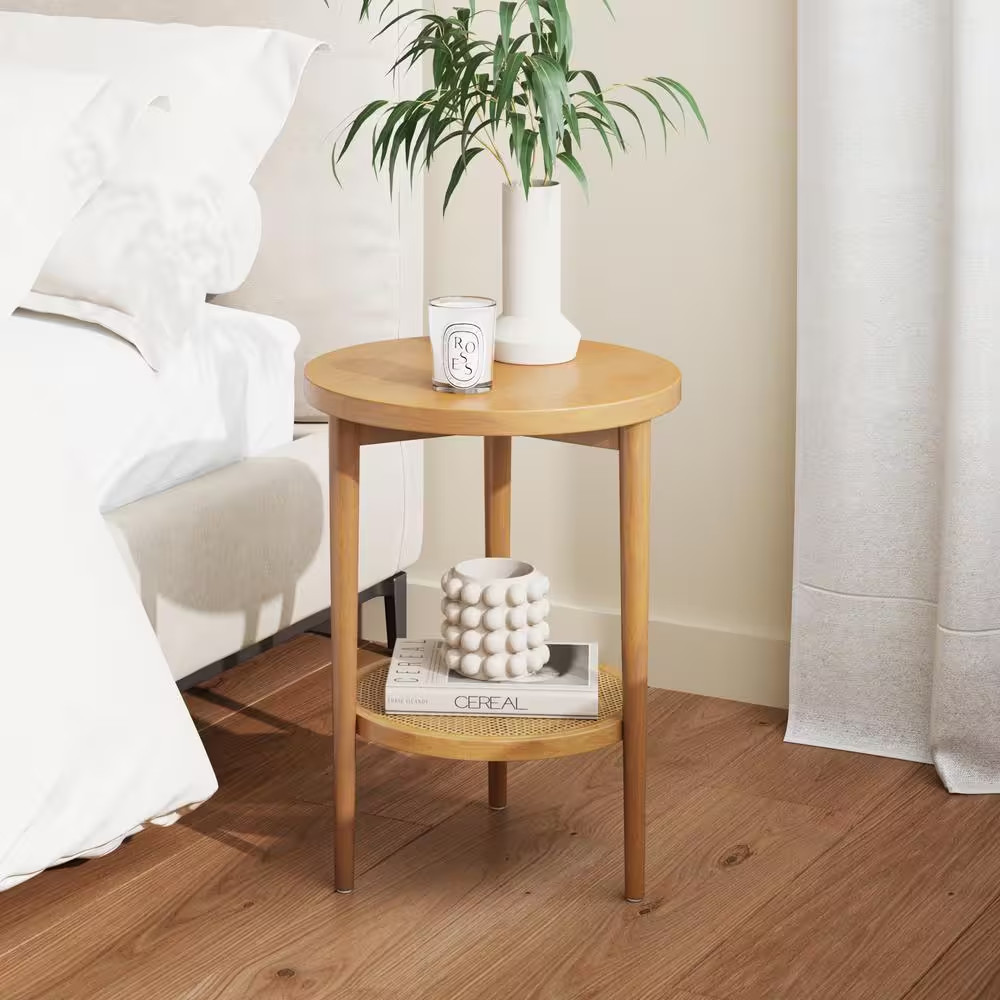 Sonia 15 In. Light Brown Bohemian 2-Tier round End Table in Light Wood with Ratt
