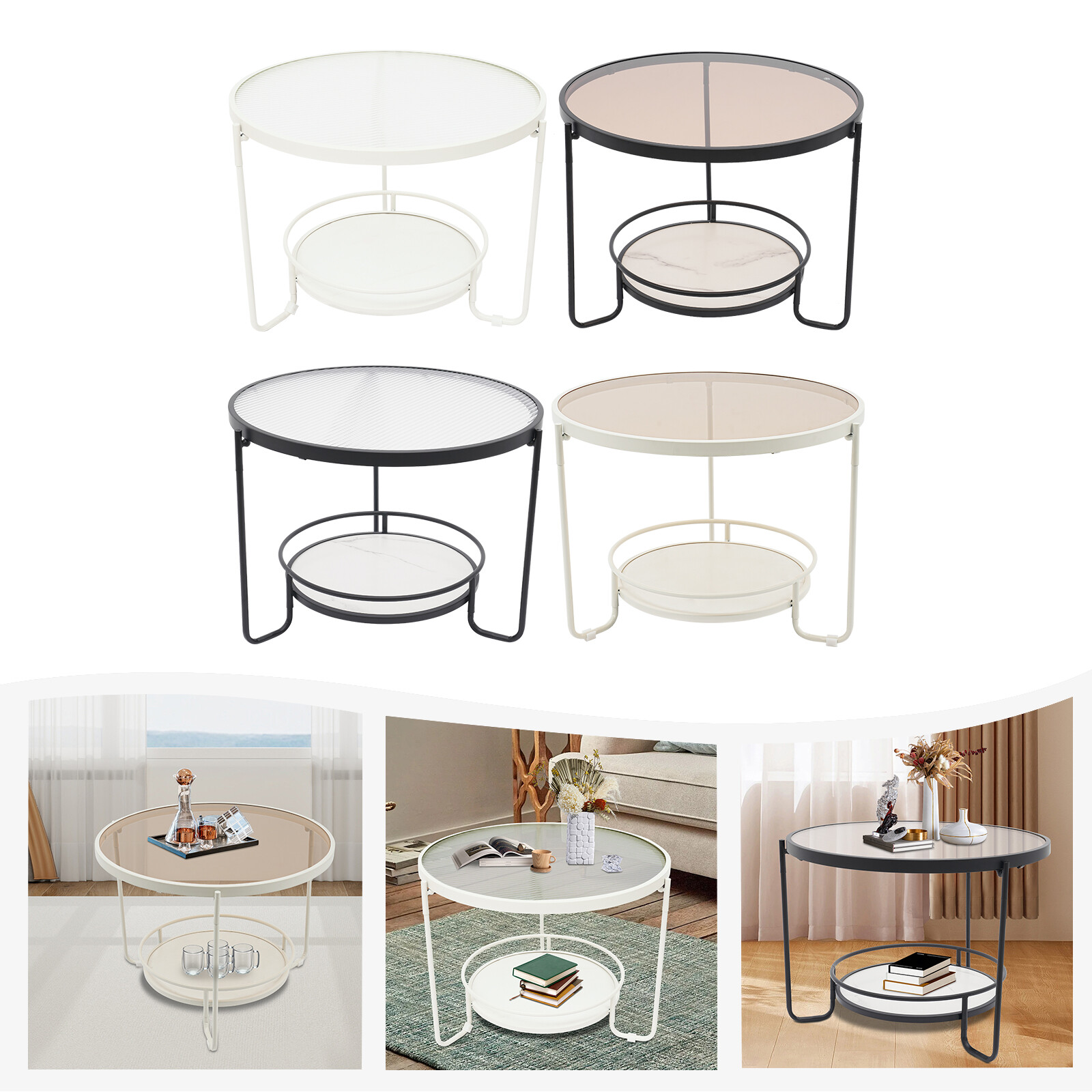Modern Round 2-Tier Side Table – Black/White& Teal/Clear, Tempered Glass 60/40cm