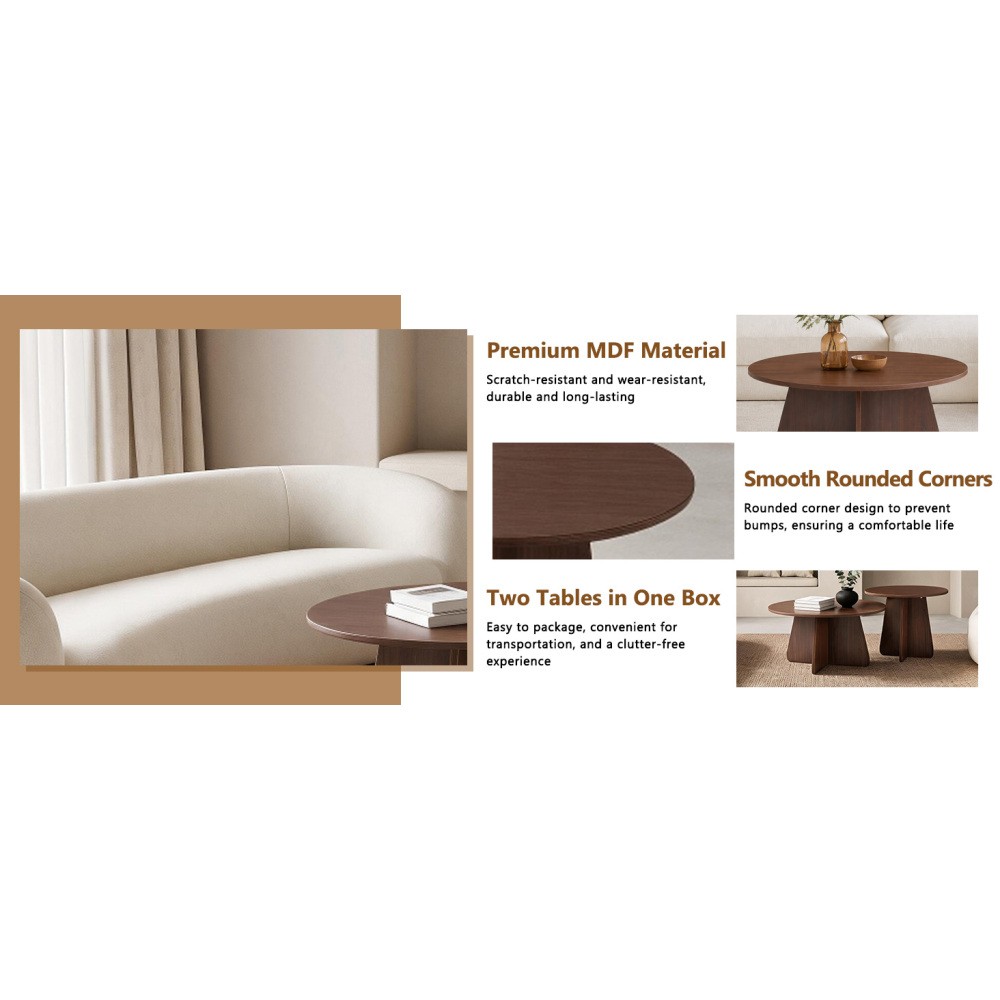Retro Nesting Coffee Table Set, Round Side Tables with Wood Legs