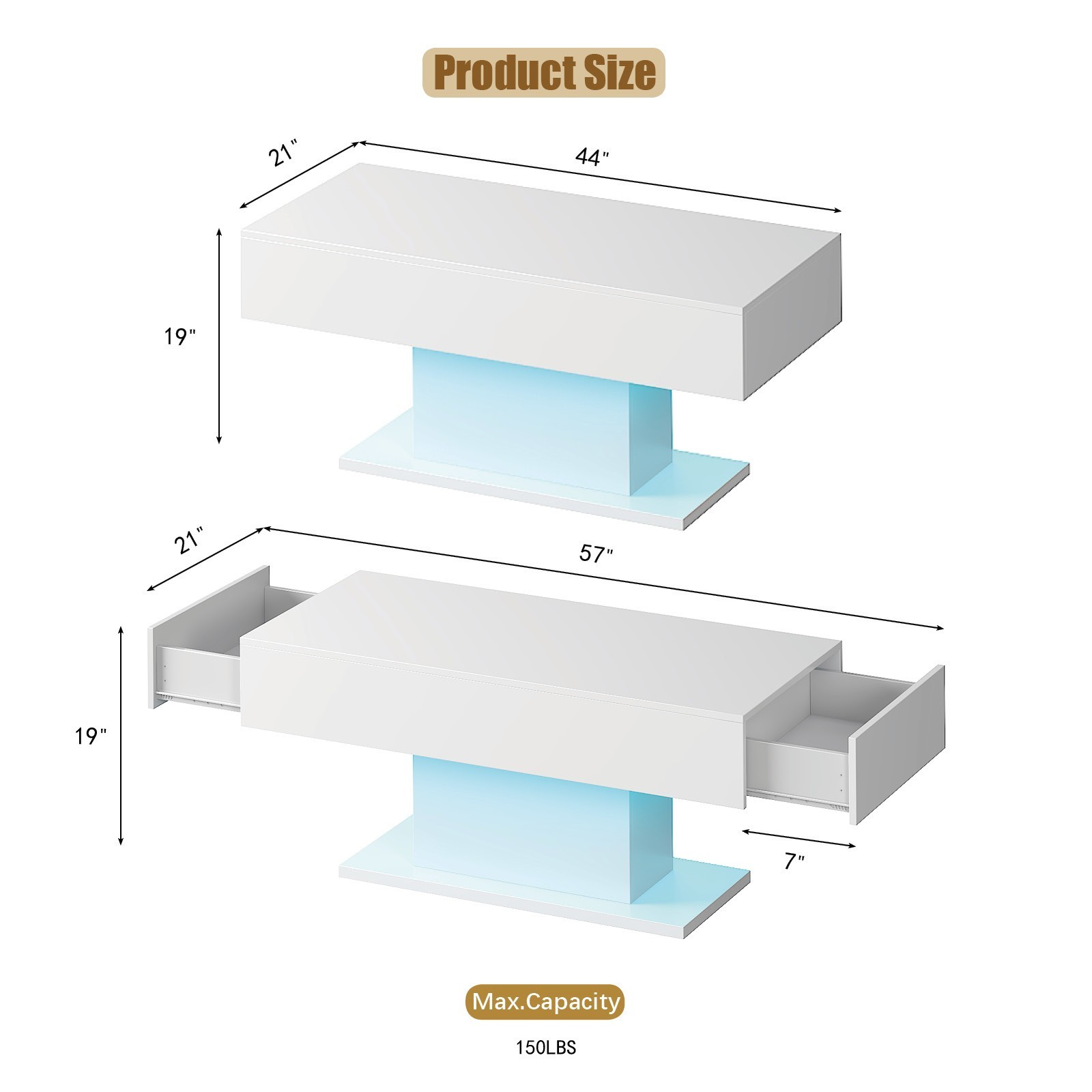 High Glossy Led Coffee Table with 2 Storage Drawers for Living Room Center Table