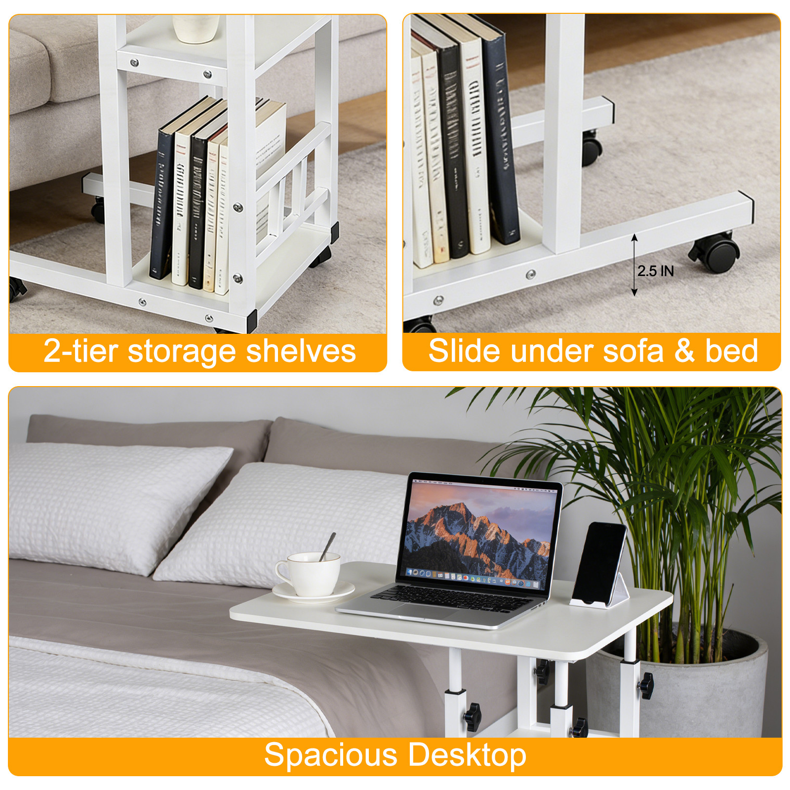 Modern Overbed Table Height Adjustable Bed Side Table Rolling Sofa End Table