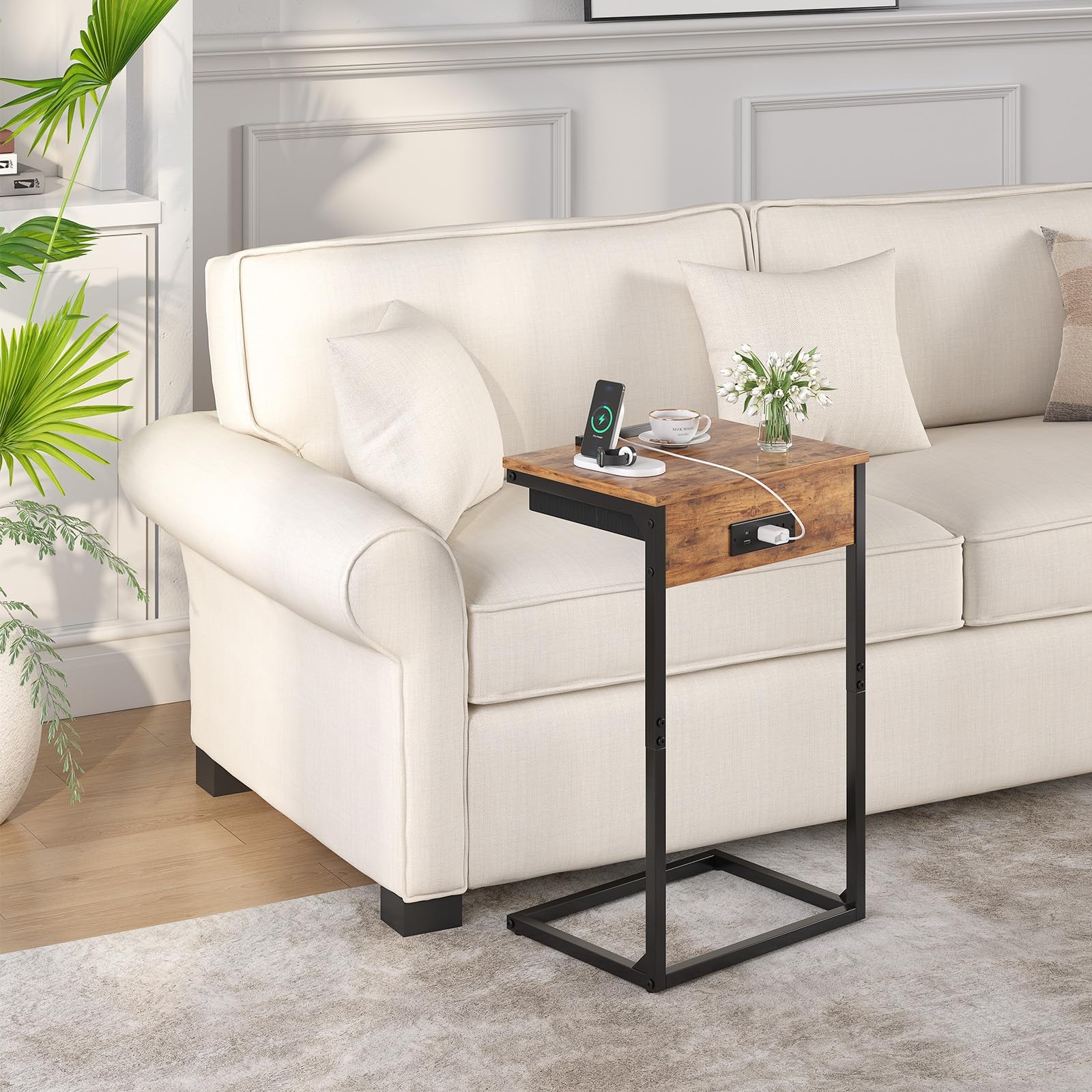C Shaped End Table with Charging Station, 45° Tiltable Adjustable Flip Top Ta…