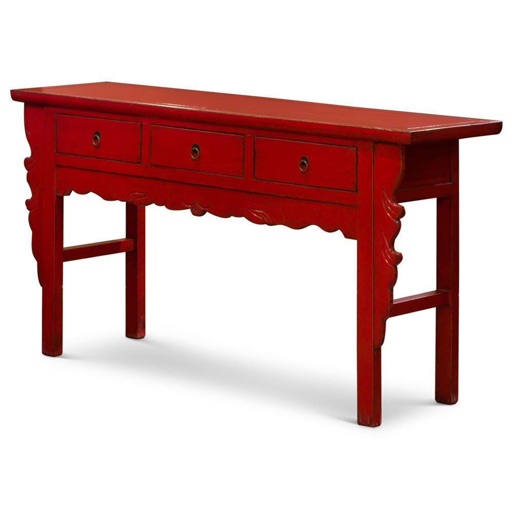 US Seller – Vintage Distressed Red Elmwood Oriental Console Table with Drawers