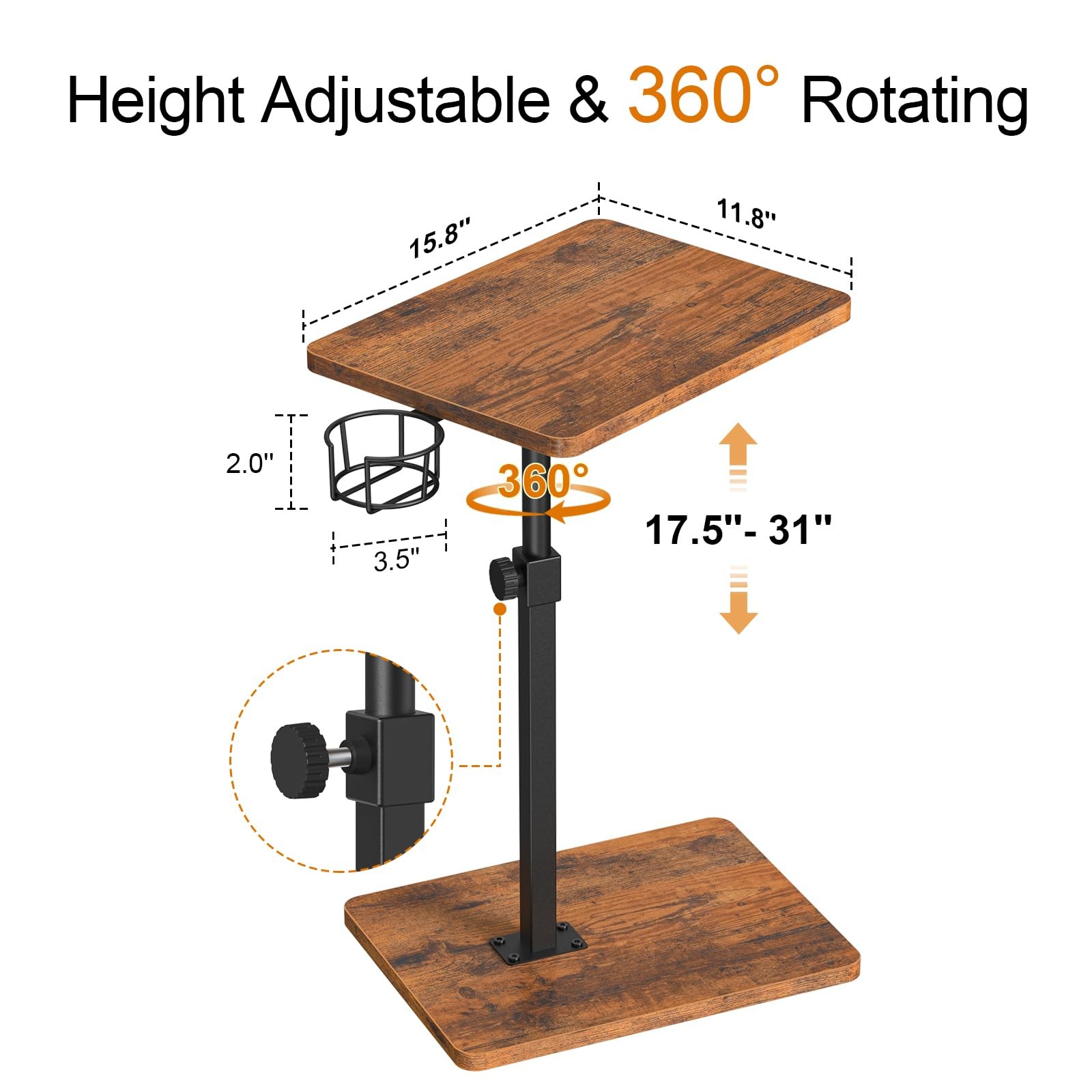 Giikin TV Tray Table, 360° Swivel 11.8″ D x 15.8″ W x 31″ H, Rustic Brown