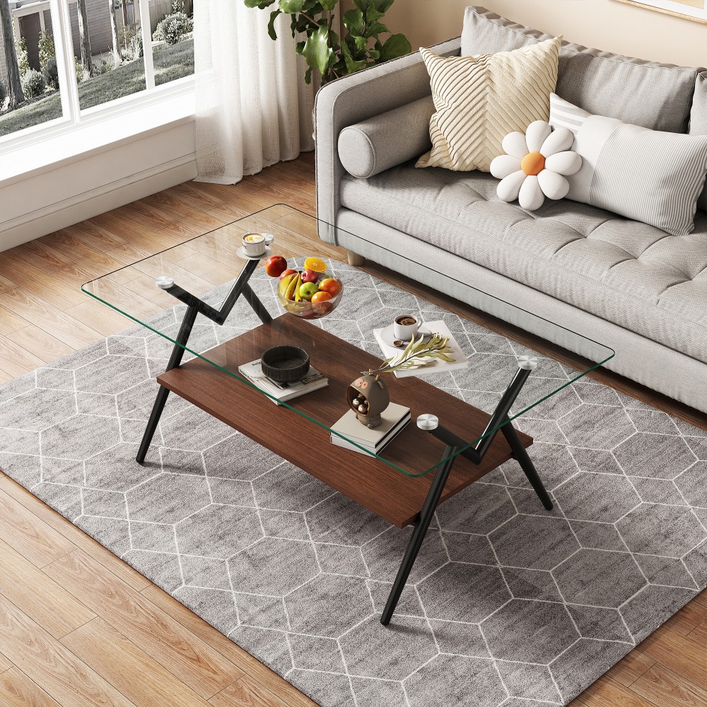 Rectangle Coffee Table, Tempered Glass Top, Gold Metal Legs, Modern Clear