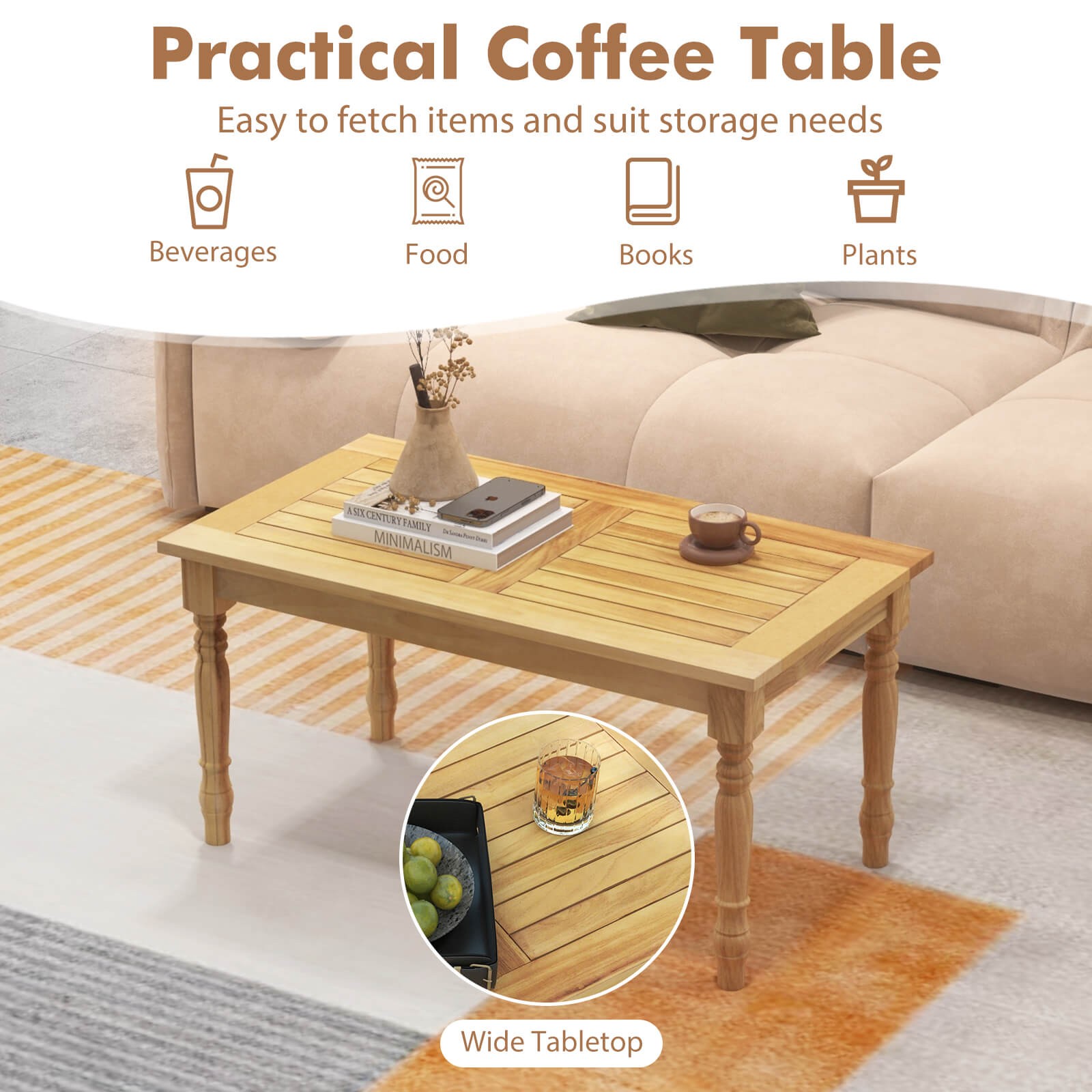 Patio Coffee Table w/ Solid Teak Wood Structure Slatted Tabletop for Backyard