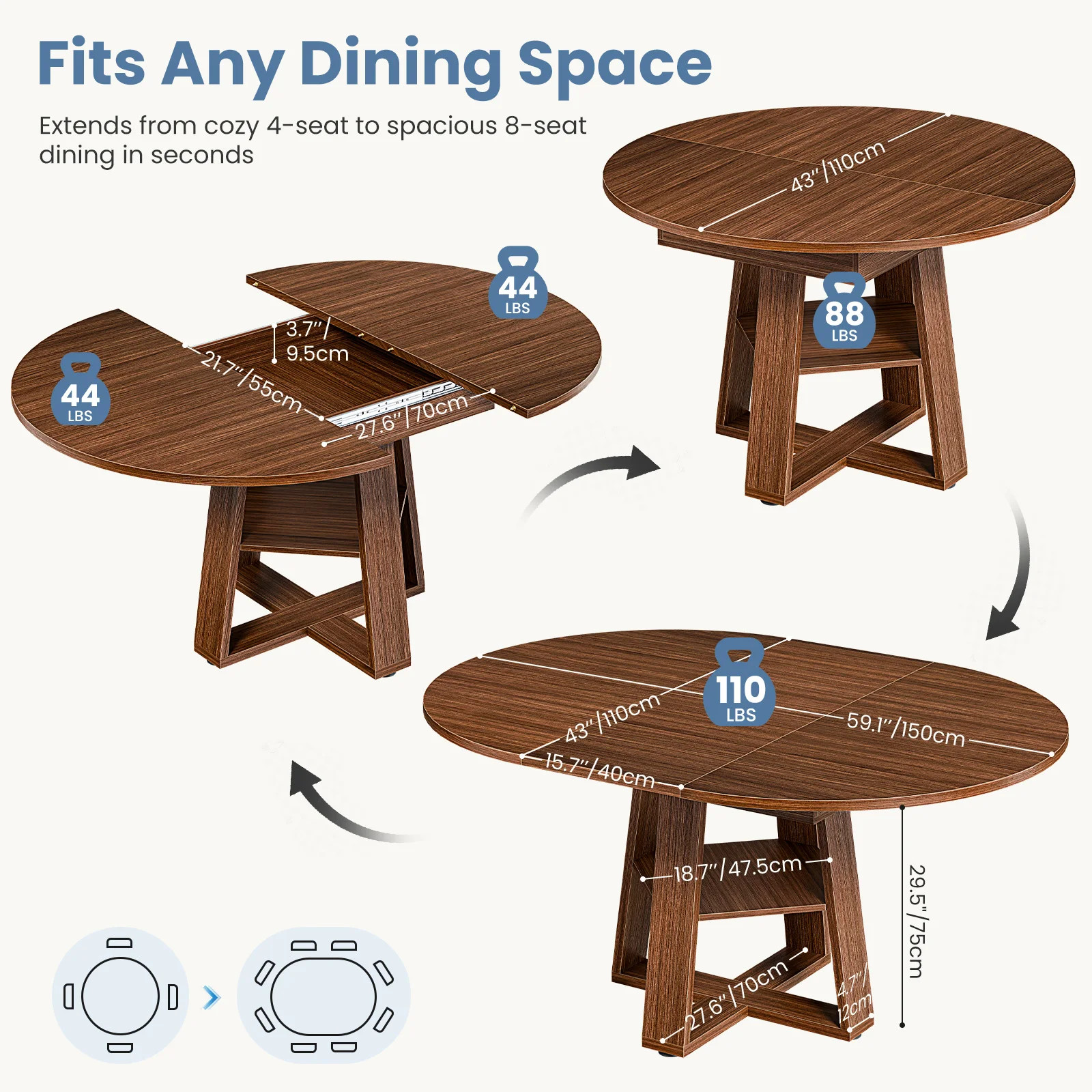 Extendable Round Dining Table Oval Kitchen Table w/Storage Shelf Pedestal Base