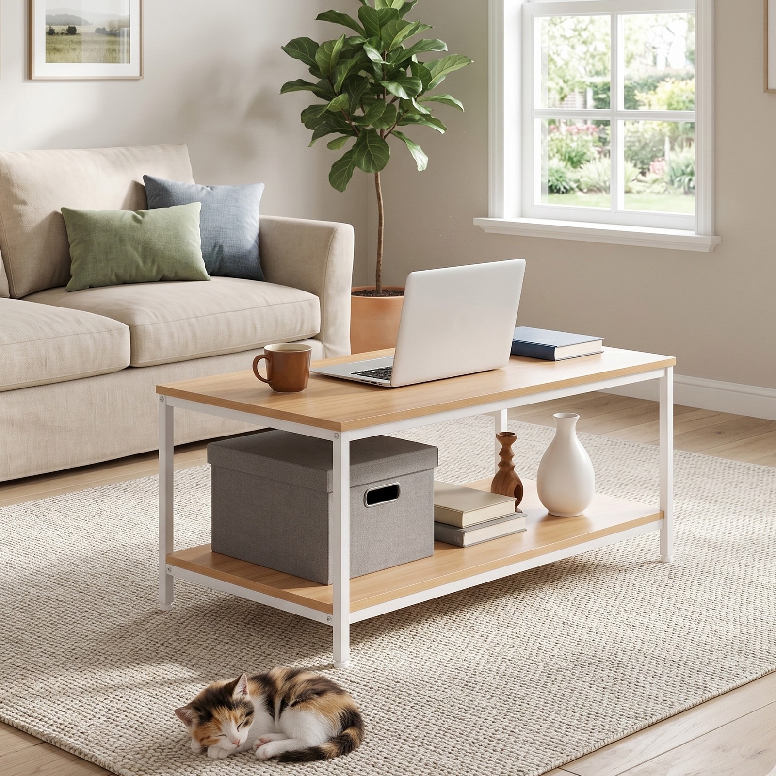 31″ Natural Wood Coffee Table Rectangular Coffee Table w/Storage Shelf Durable
