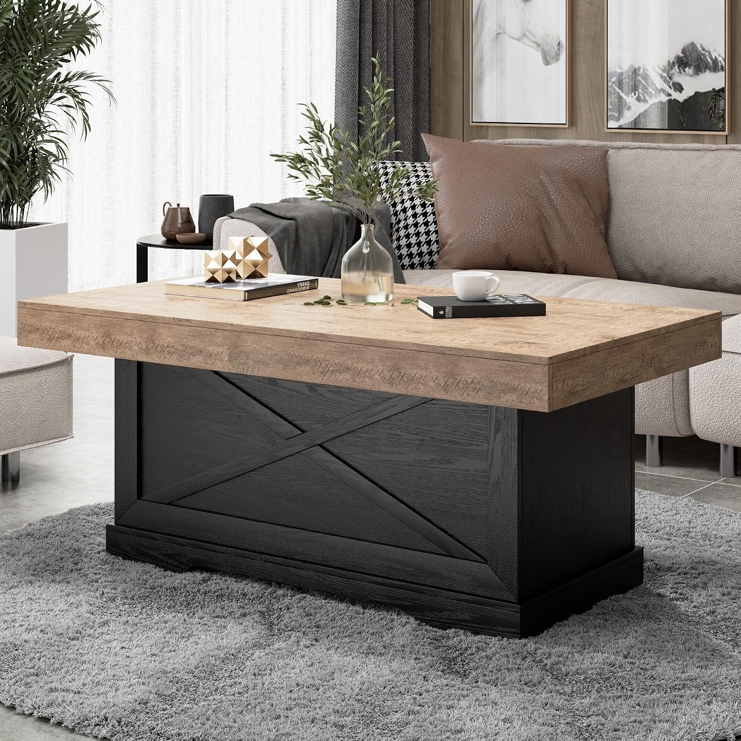 Coffee Table 39 in Rustic Center Table W/ X-Design Wooden Pedestal Living Room
