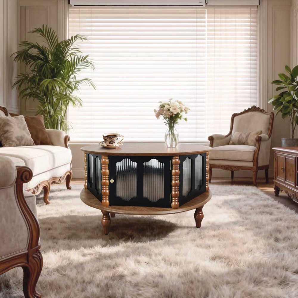 31.5 in Round Three-Door Storage Coffee Table Real Wood Veneer Coffee Table