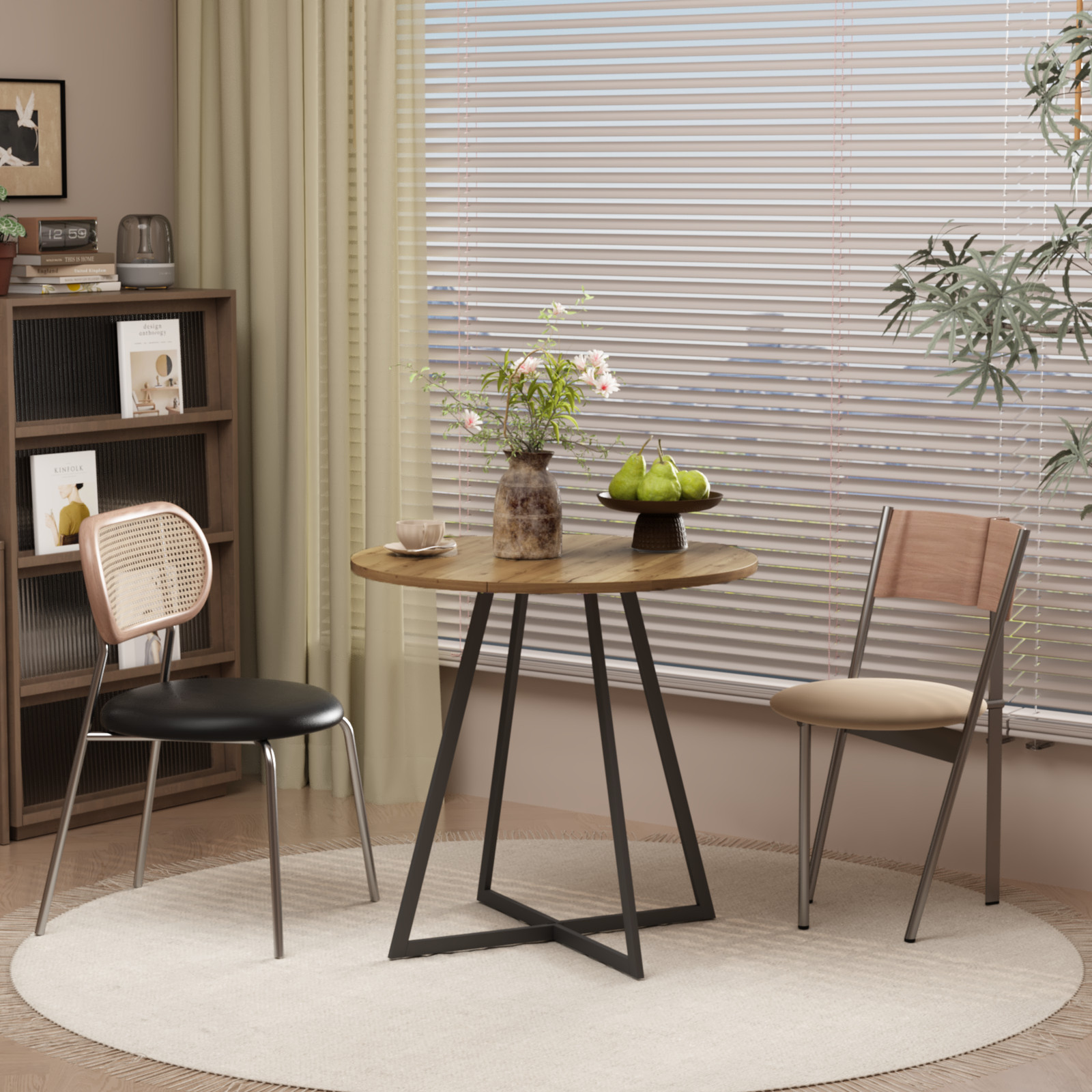 31.5 Inch Round Dining Table Brown MDF Top Black Metal Legs