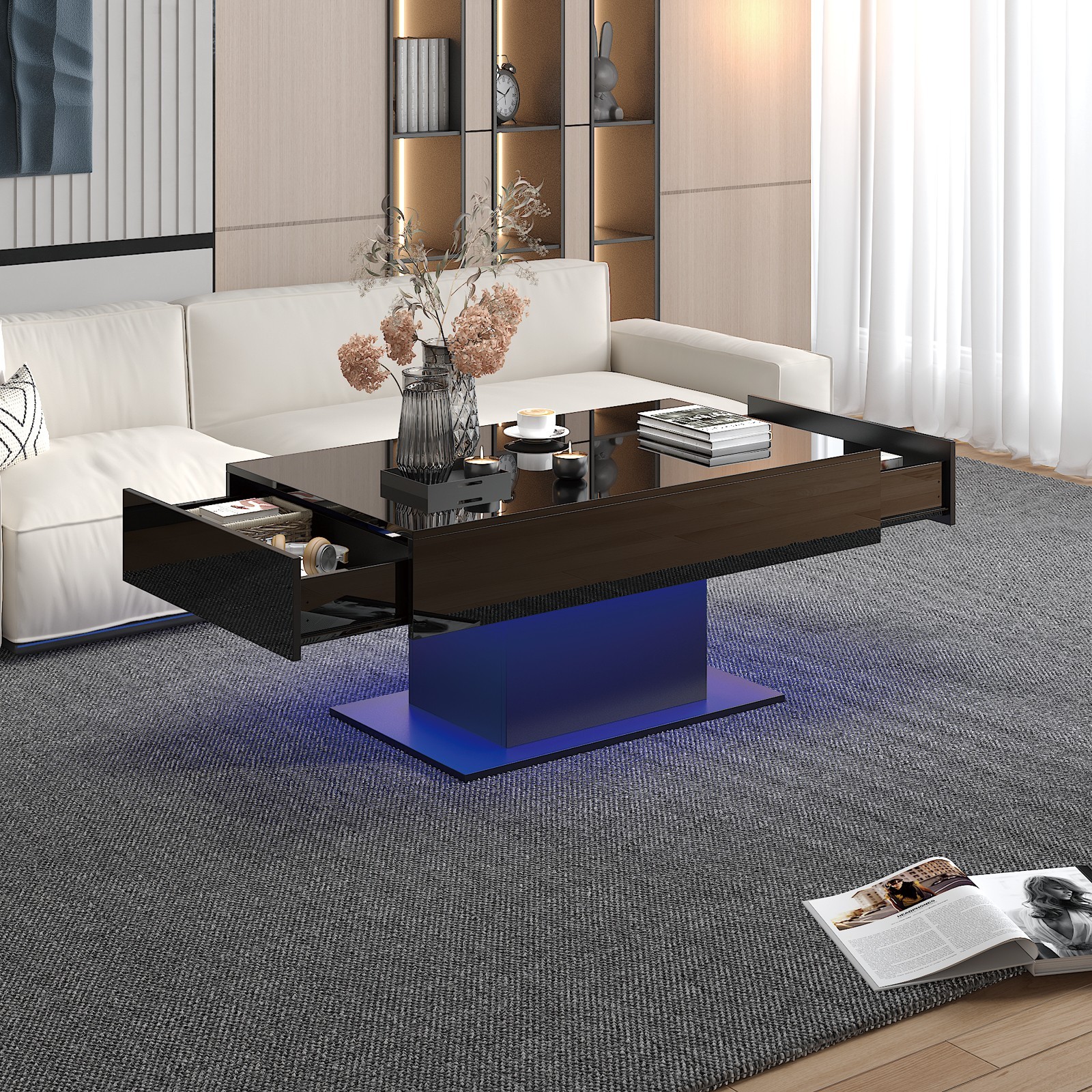 High Glossy Led Coffee Table with 2 Storage Drawers for Living Room Center Table