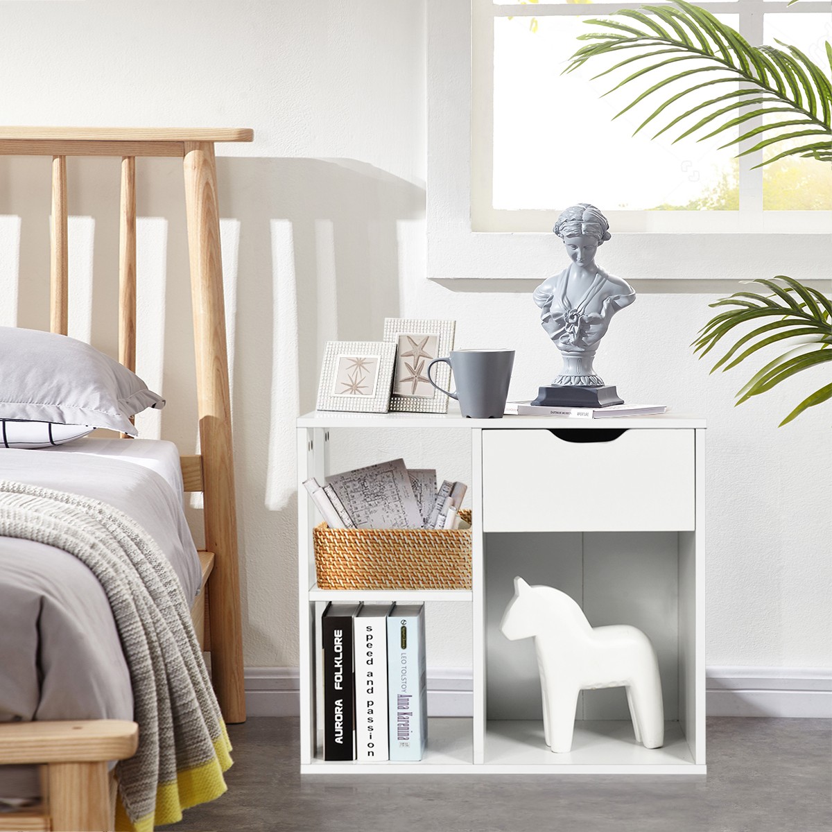 3-tier Side Table W/Storage Shelf&Drawer Space-saving End Table Nightstand White