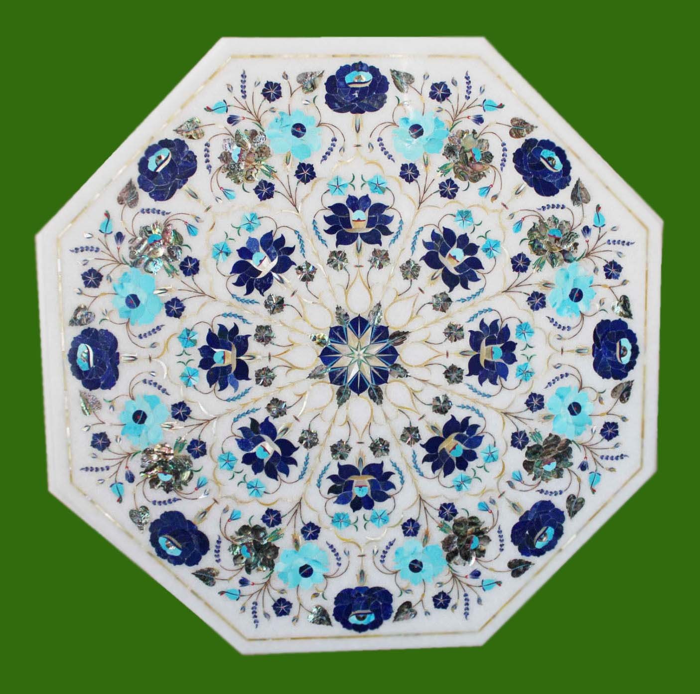 18″ Marble Side End Table Top Turquoise Lapis Floral Inlay Handmade Work
