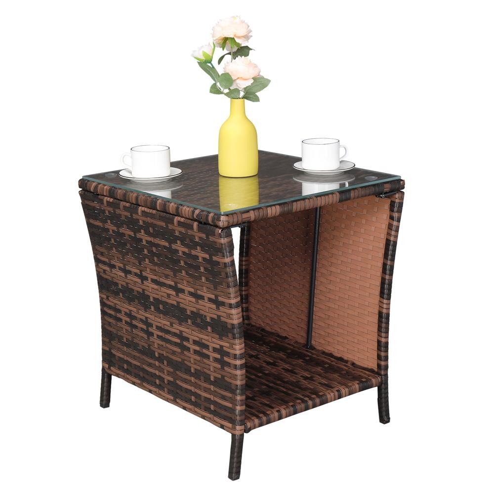 All-weather Square Wicker Rattan Side Tea Table Patio Furniture with Glass Top