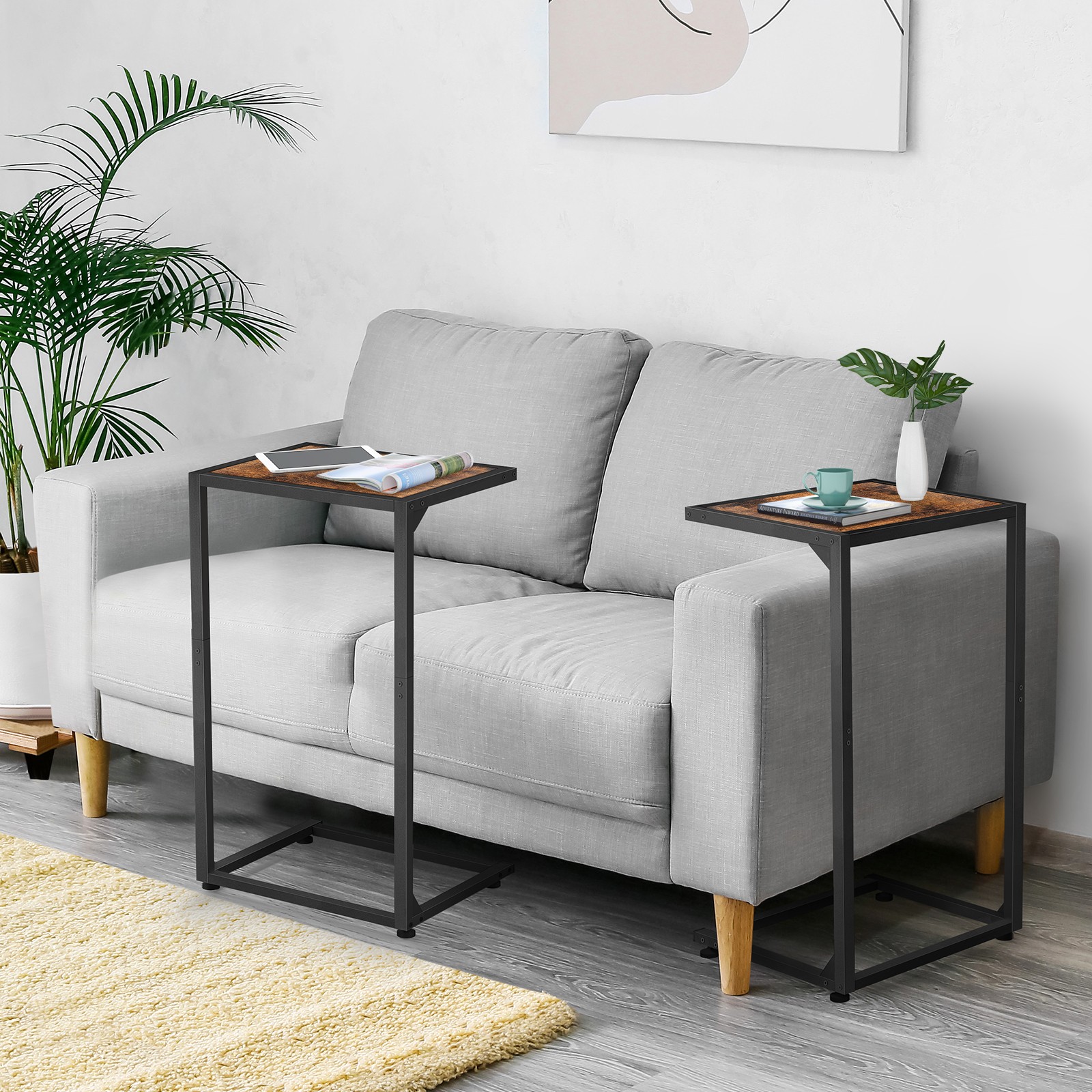 Set of 2 Rustic Brown C-Shaped Tables, End Table for Living Room & Small Spaces