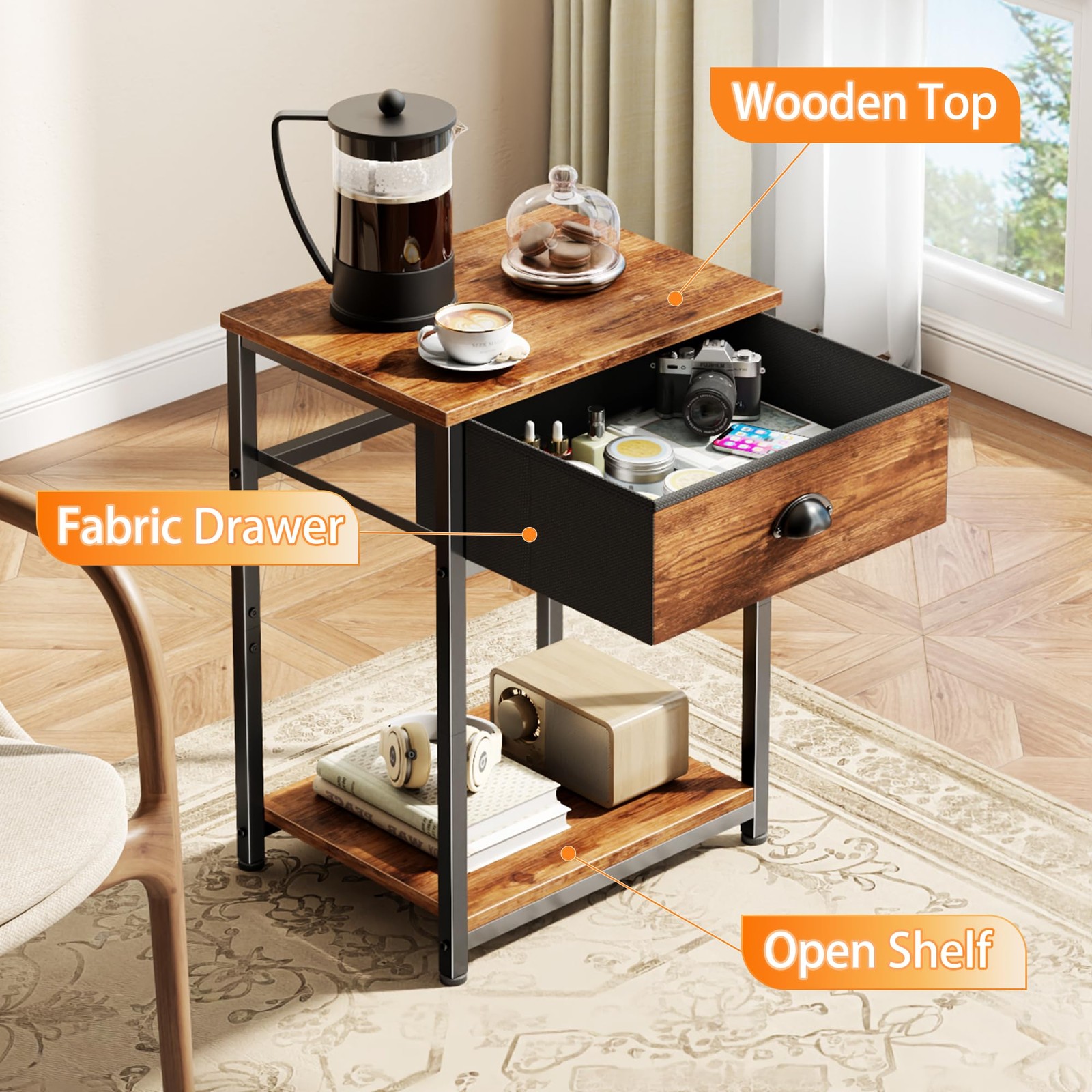 Nightstands Set of 2, Night Stand with Fabric Drawer and Storage Shelf, Retro Be